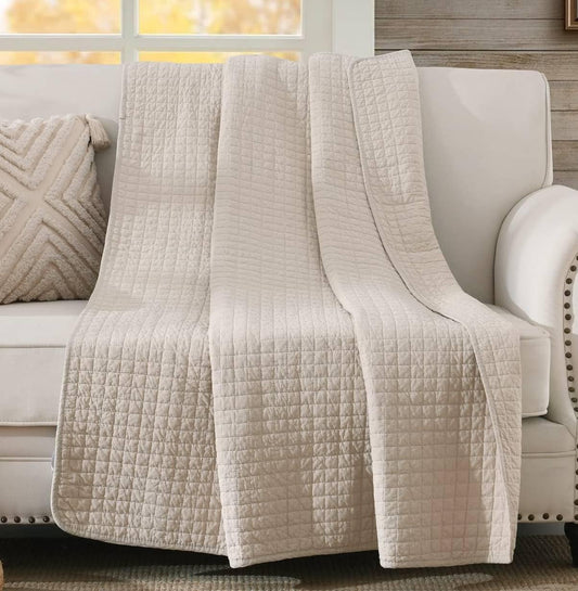 100% Cotton Quilted Throw Decorative Throw Blanket Multi Color Super Soft Warm Indian Vintage Reversible Quilt for Sofa and Couch 50"x60" (Natural Beige)