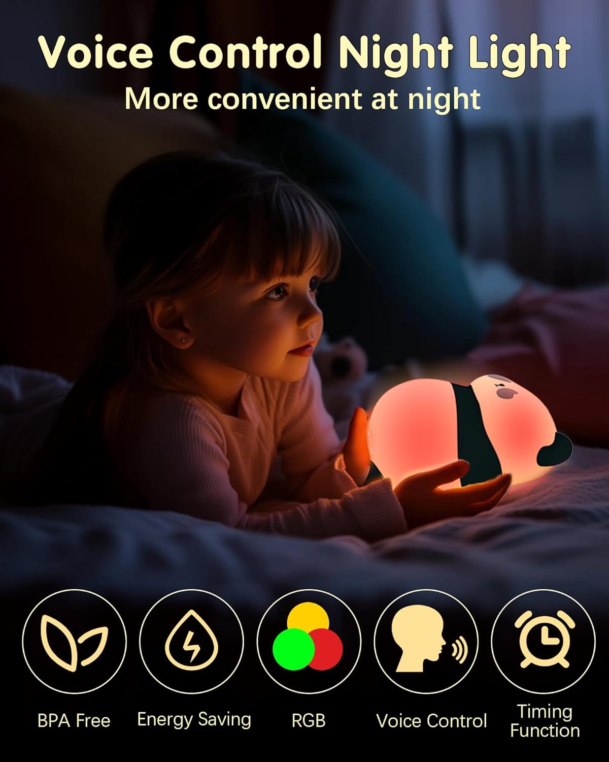 Voice Control Panda Night Light, 6 Colors 30-Minute Timer, Cute Animal Silicone Nursery Night Light Rechargeable Table Lamp Bedside Lamp with Touch Sensor for Baby Holiday Gift for Boys & Girls