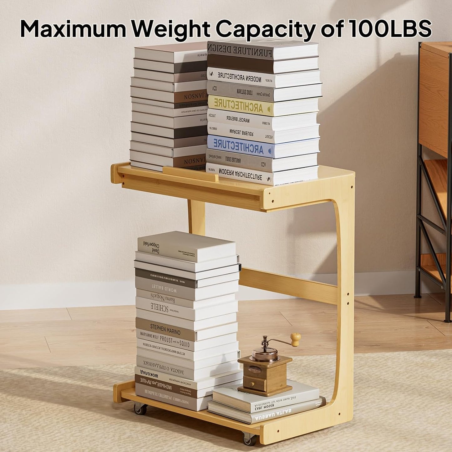 C Shaped Side Table, Rolling Bamboo End Table with Adjustable Tilt Top & Storage Shelf, Small Couch Table with Wheels for Living Room, Bedroom, Natural