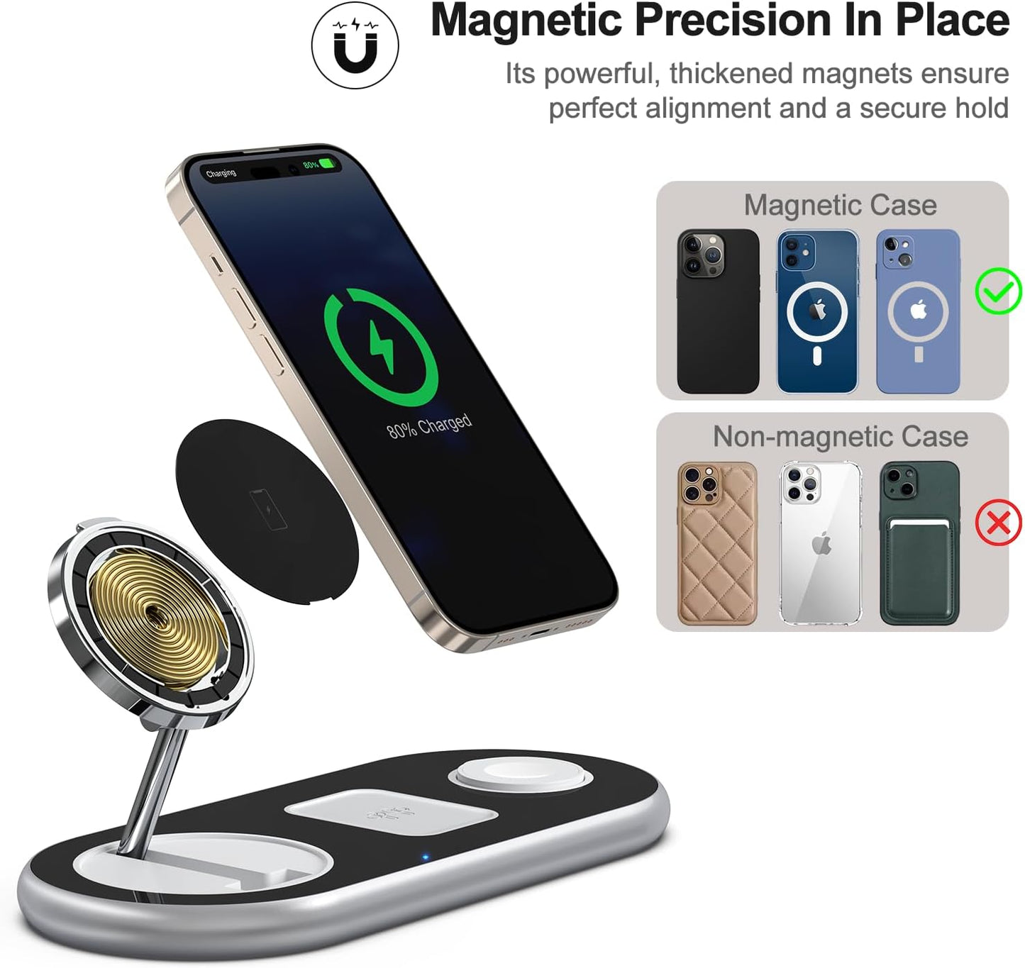 3 in 1 Charging Station for Apple Devices, Faster Mag-Safe Charger Stand, Magnetic Wireless Charger Station for iPhone 17 16 15 14 13 12 Pro Max Plus, Apple Watch iwacth & AirPods, Adjustable Angle