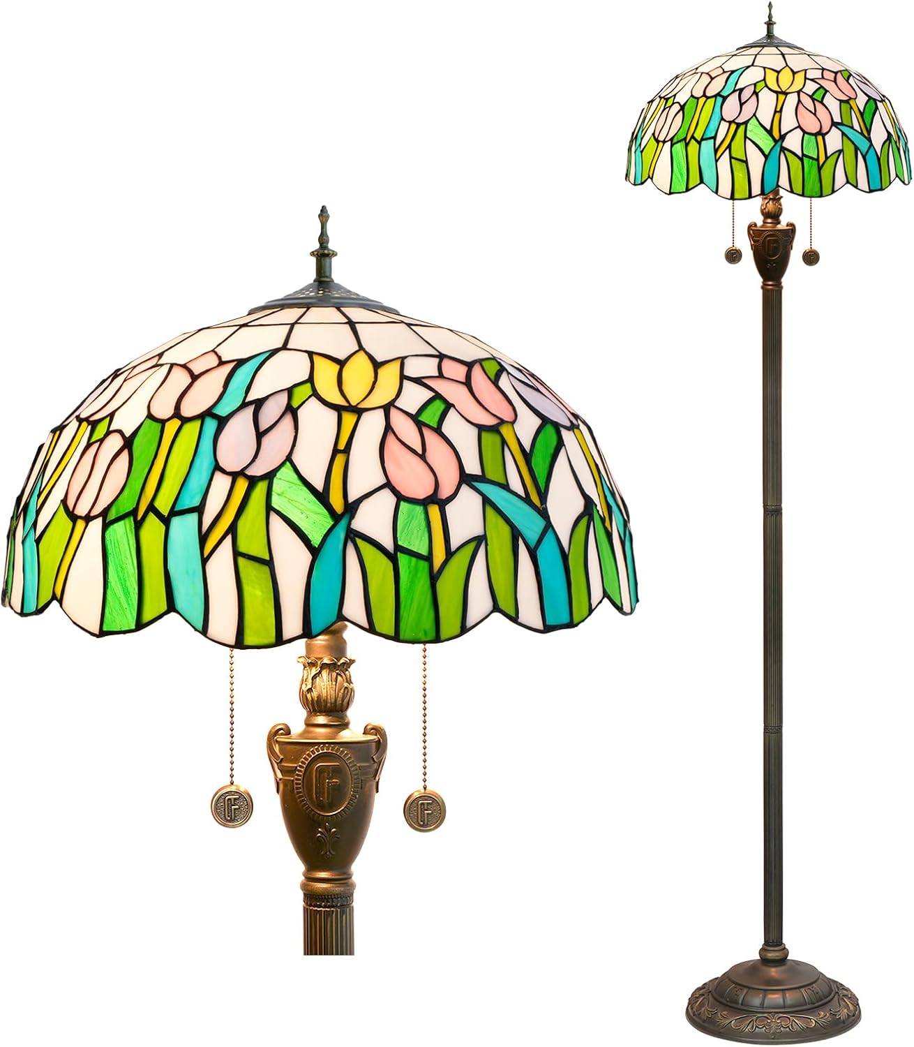Tiffany Floor Lamp Pink Orange Tulips Stained Glass lamp for Living Room Bedroom Office Bright Lighting Rustic Corner Decor Standing Tall Unique Vintage Reading Aesthetic Light