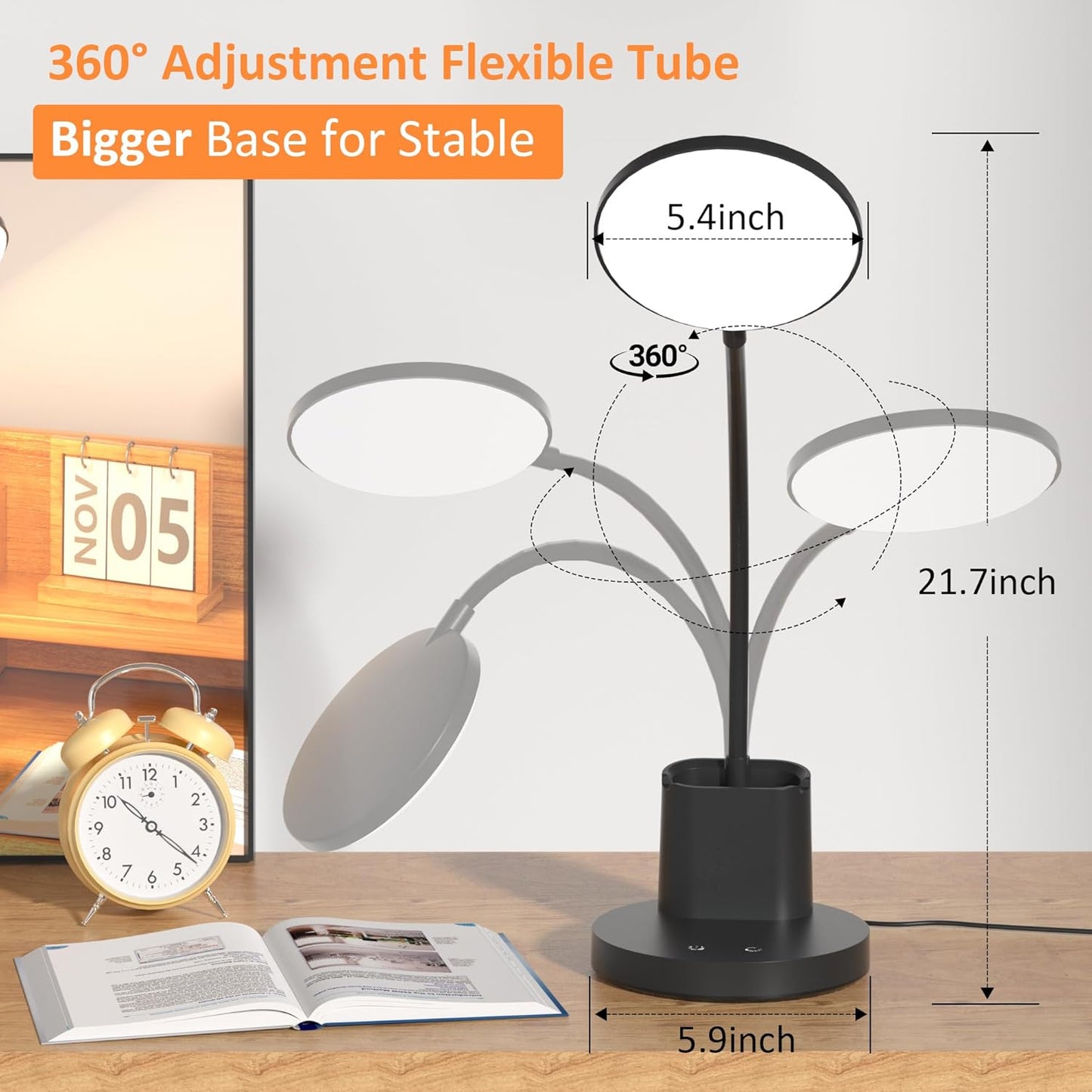 Desk Lamp, LED Desk Lamp for Home Office, Touch Table Lamp with 3 Color Modes 360° Adjustable Arm, Dimmable Desk Light with Pen Phone Holder, Black