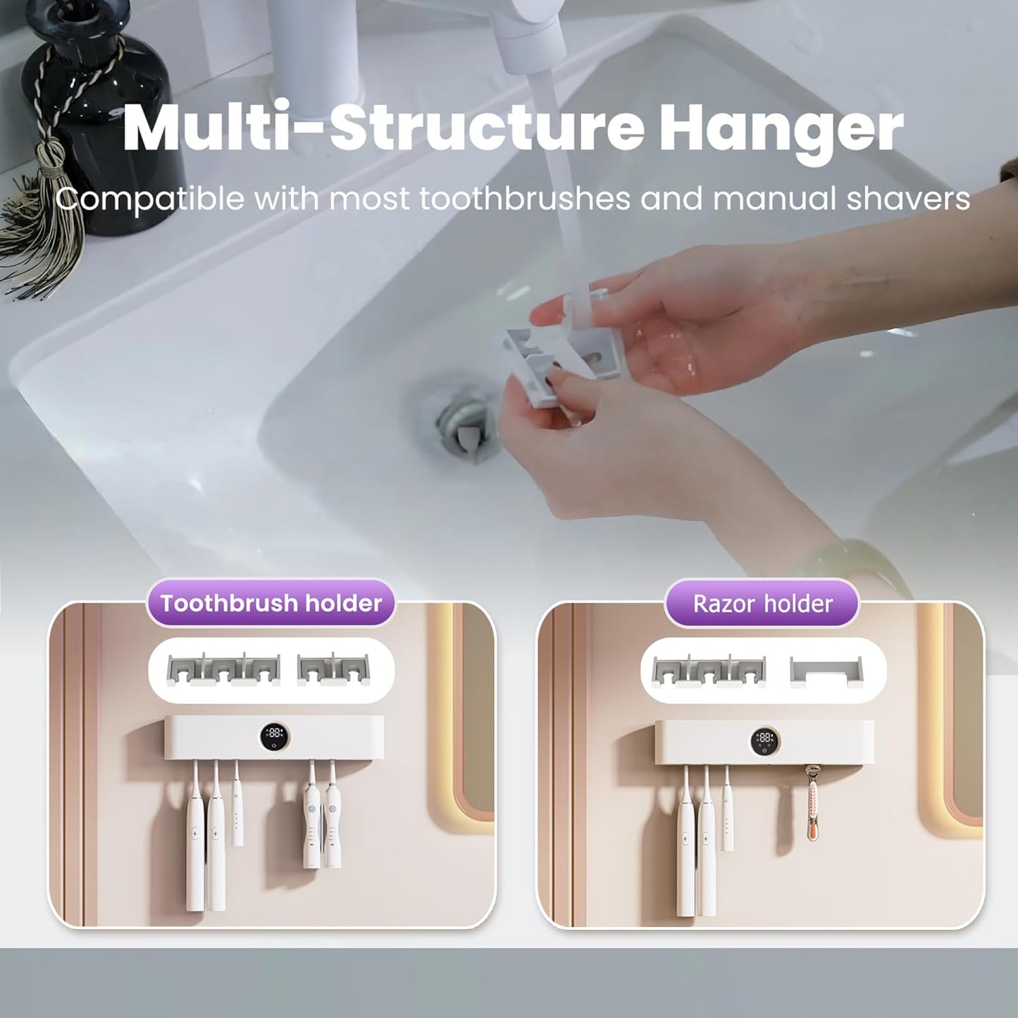 Toothbrushs Holder and Cleaner Auto Cleaning/Drying in Circle Razor Holder Five Slots Easy Wash Rechargeable Wall Mounted for Bathroom Smart Home Gadgets