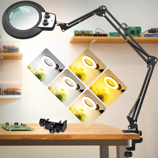 12X Magnifying Glass with Light, Ultra Long 3 Section Swing Arm LED Desk Lamp with Large Clamp, 3 Color and Brightness Hands Free Magnifier Light and Stand for Workbench Crafts Reading Sewing