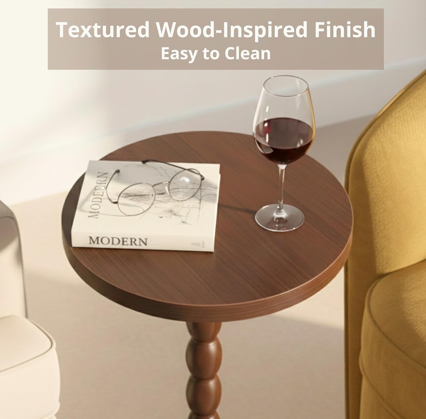 Round Wooden Small Side Table for the Living Room, Modern Pedestal Side Table for Small Spaces, Drinks, Corner, Accent Piece, and Compact Nighstand Bedroom, Tool-Free Assembly Easy, Walnut