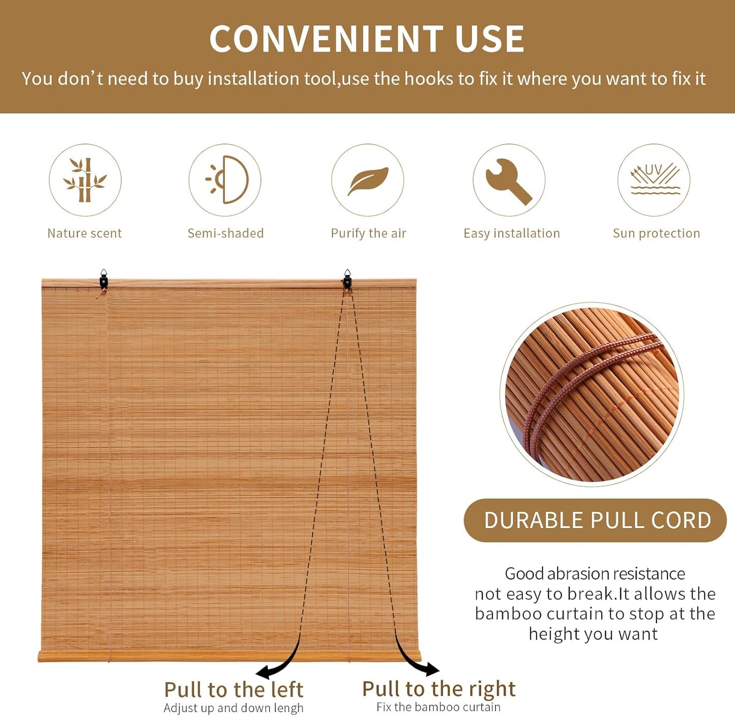 Bamboo Shades for Windows,Bamboo Blinds for Outdoor Patio,Custom Size, Privacy Protection, Easy Installation, Durable & Stylish Blinds for Living Room, Bedroom, Balcony