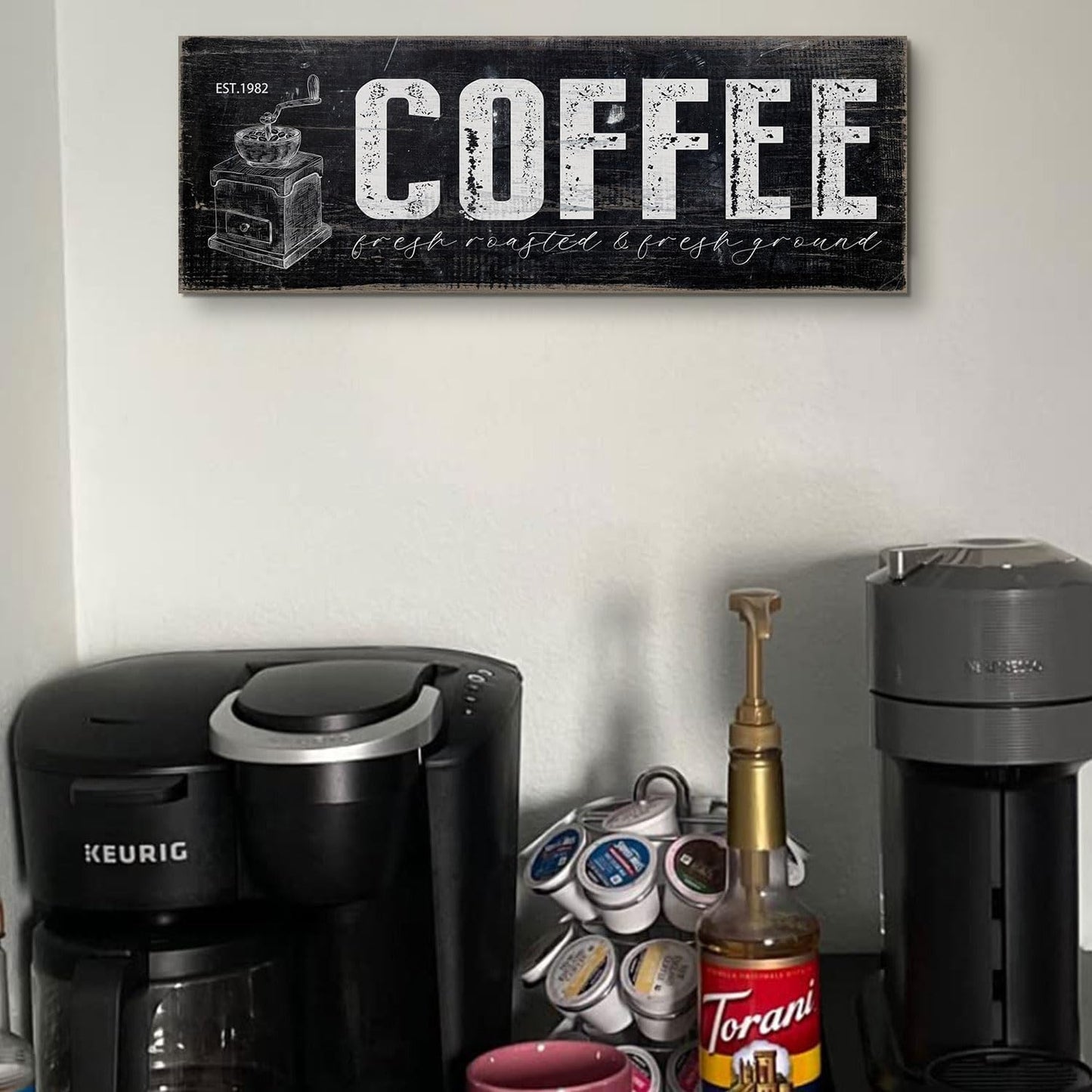 Distressed Coffee Bar Plaque Sign for Kitchen Station Fresh Roasted & Fresh Grind Black and White Canvas Wall Art for Home Cafe Corner Pantry Countertop Decorations 6"x17"