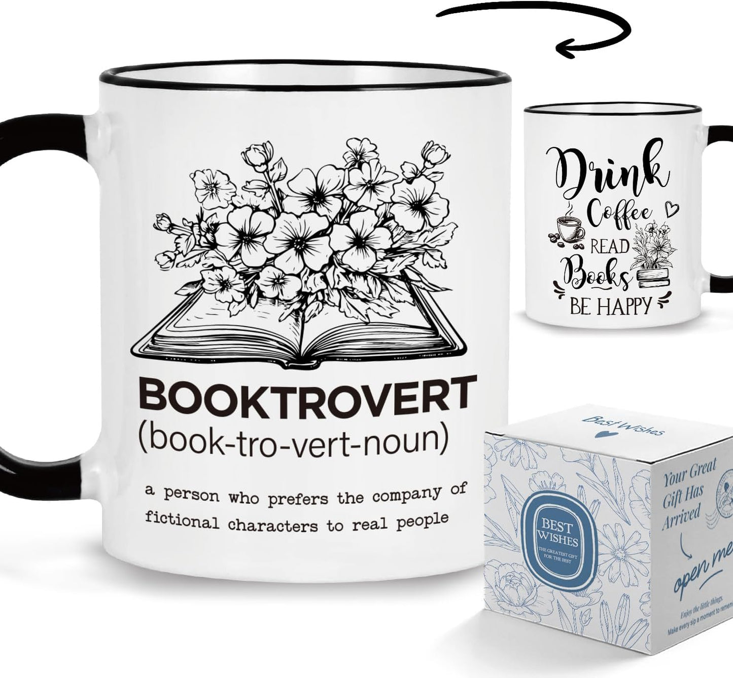 Booktrovert Definition Coffee Mug Book Lover Gifts for Women Men Friends Librarian Bookworm, Reading Themed Ceramics Mugs 11oz, Book Clubs Gifts for Christmas Birthday, Dink Coffee Read Books Be Happy