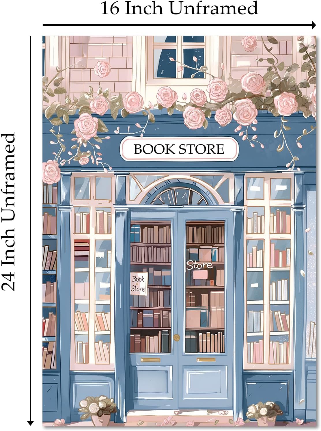 Book Store Poster Library Canvas Wall Art Pink Rose Painting Book Lover Pictures Pink and Blue Artwork Aesthetic Reading Wall Art Bookish Canvas for Room Romantic Library Artwork 16x24inch No Frame