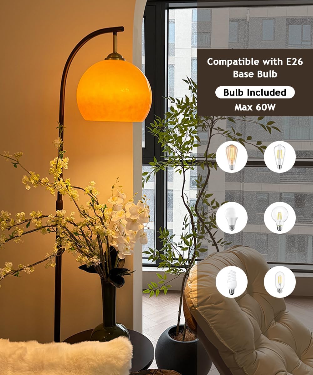 Arc Floor Lamp with Wooden Desktop Orange Glass Floor Light Height Adjustable Globe Glass Standing Lamp E26 Dimmable Tall Light for Living Room Bedroom Study Dining Room Reading Room