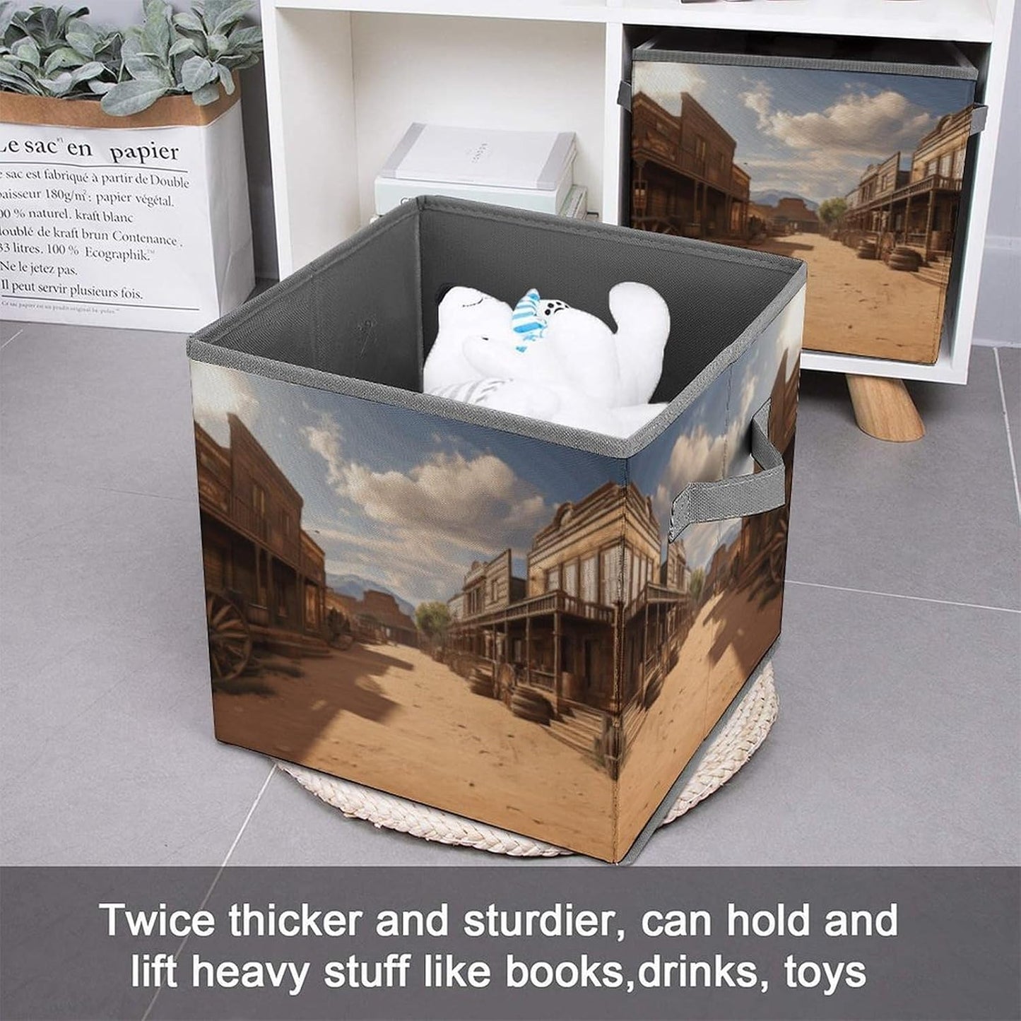 Old Wild West Cowboy Town Storage Bins with Handles Fashion Large Storage Cubes Sturdy Foldable Storage Boxes Space-Saving Storage Baskets for Home Office Clothes Closet Organizers