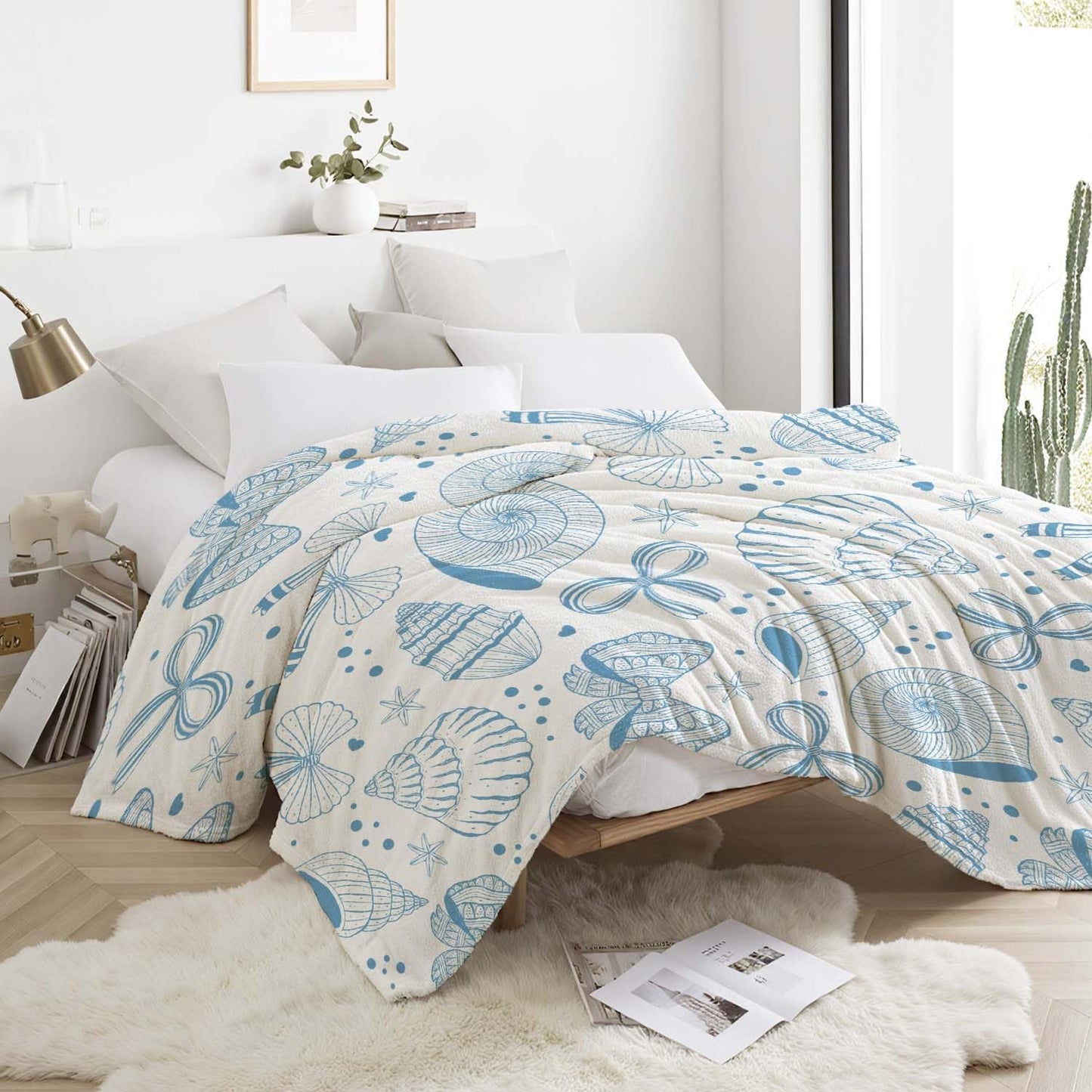MASLEK Coastal Shell Blanket Soft Cozy Flannel Throw Blue Bow Nautical Theme Soft Cozy Flannel Fleece Blankets for Sofa Couch Bed Room Birthday Decor, 50 x 60 Inch