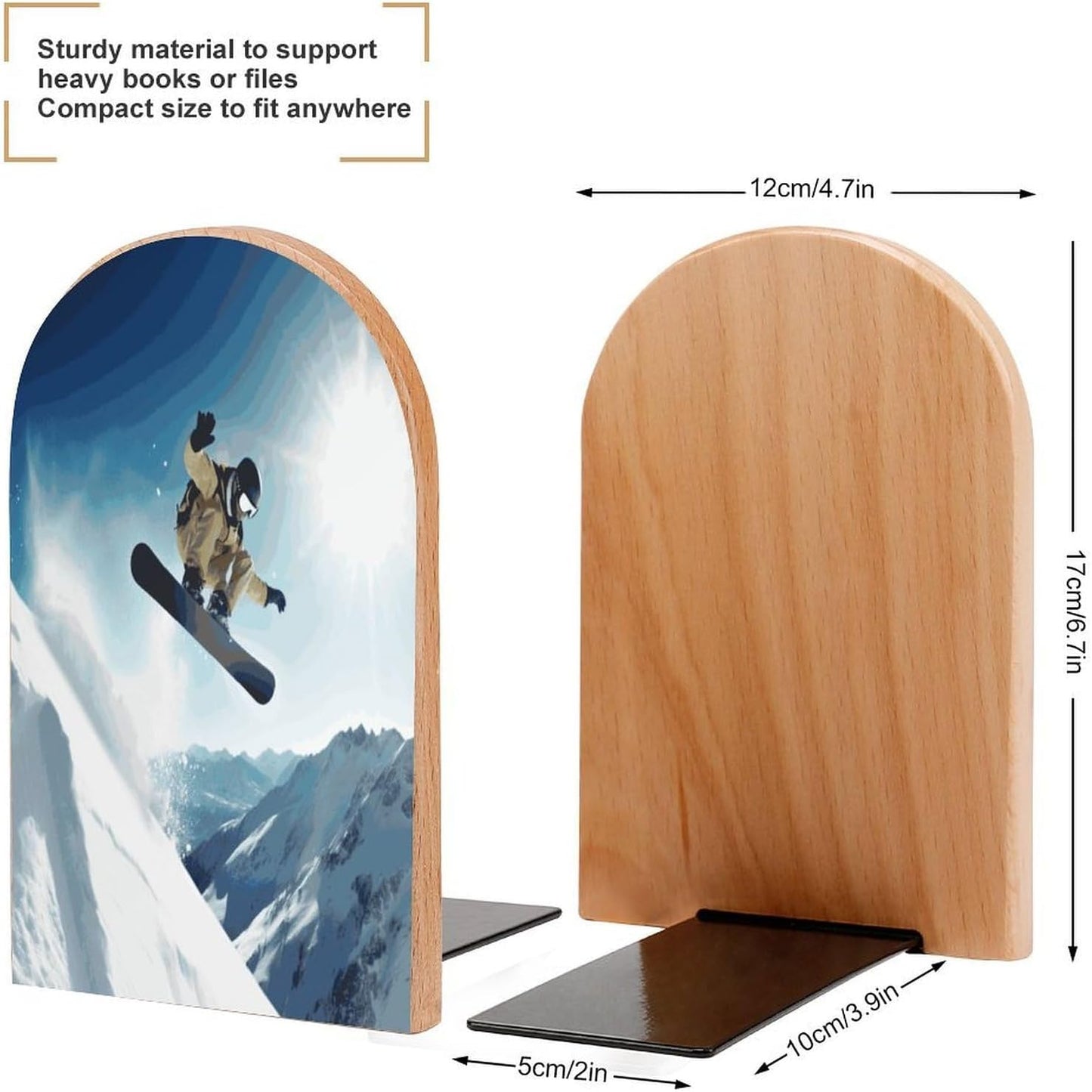 Non-Slip Bookend for Shelves Snowboarding Wooden Bookends with Metal Base Decorative Book Stopper for Home Heavy Duty Wood Book Storage for Books/CDs