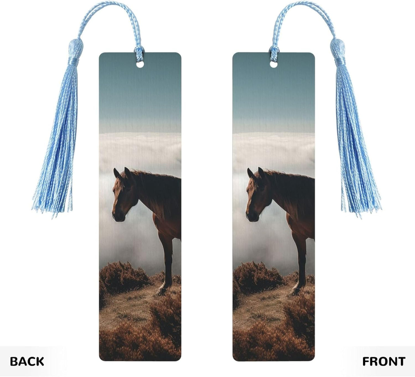 Horse on a Misty Mountaintop Bookmarks Gifts for Women Men, Wooden Bookmarks for Book Lovers, Vintage Book Marks Ornaments with Tassel, Unique Personalized Reading Page Markers Sky Blue