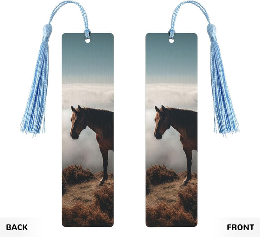 Horse on a Misty Mountaintop Bookmarks Gifts for Women Men, Wooden Bookmarks for Book Lovers, Vintage Book Marks Ornaments with Tassel, Unique Personalized Reading Page Markers Sky Blue