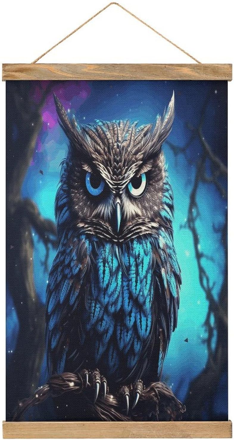 Vintage Blue Owl Poster with Wooden Frame Personalized Linen Hanging Scroll Painting Rustic Wall Hanging Illustrative Modern Artwork Decor for Home Living Room Bedroom Office
