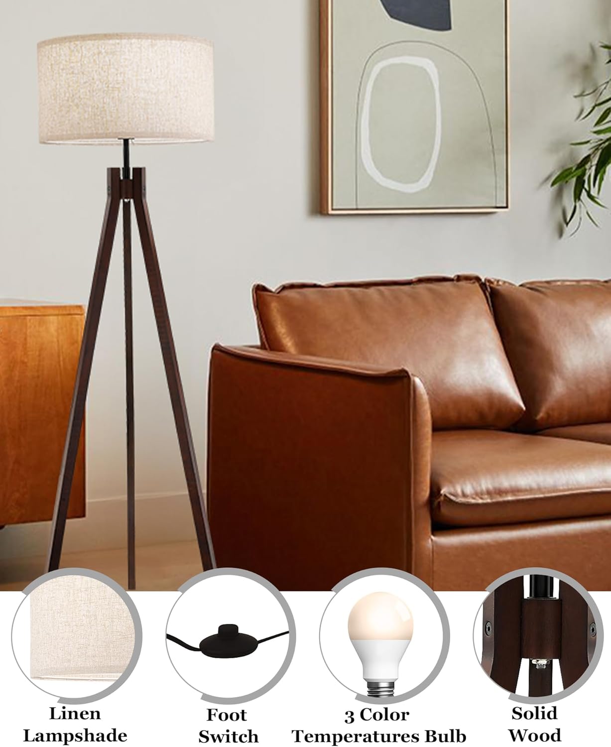 ELYONA Wood Tripod Floor Lamp for Bedroom, 3 Color Temperatures & Linen Shade, Modern Reading Standing Lamp with 9W LED Bulb, Mid Century Night Light for Farmhouse, Living Room, Office, Walnut