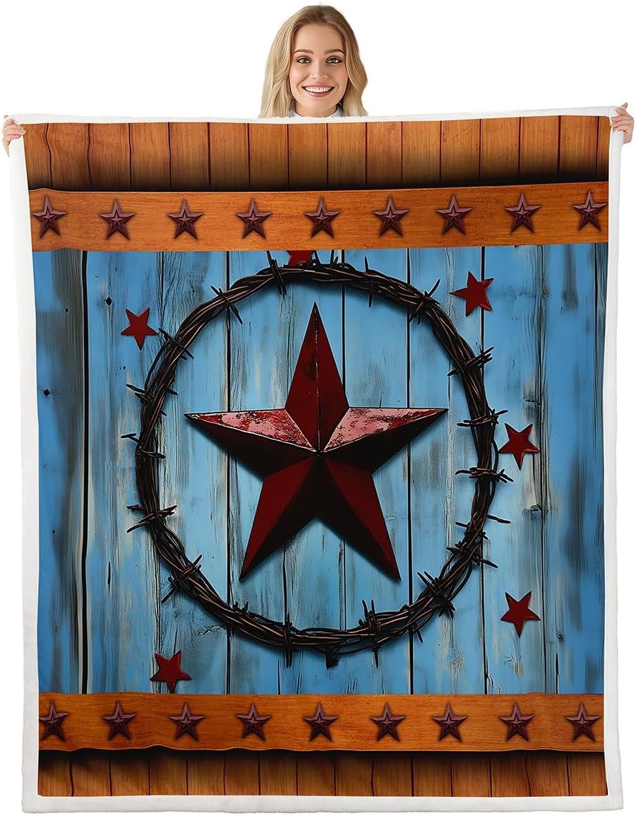 Red Western Texas Star Sherpa Blanket Rural Country Farmhouse Fleece Throw Blanket for Bed Sofa Couch Rustic Wooden Board Plush Blanket Vintage Brown Blue Fuzzy Blanket Twin 60"x80"
