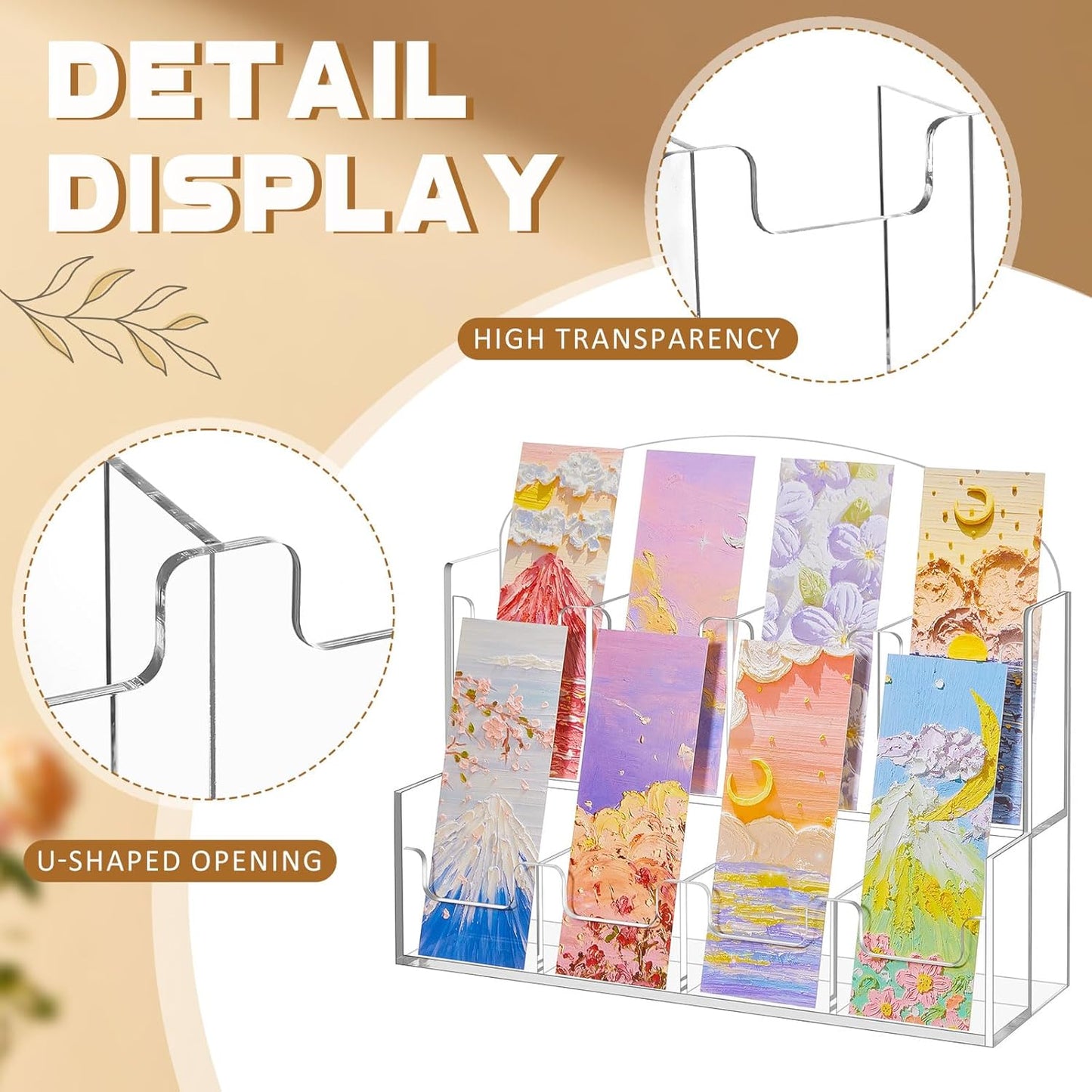 Acrylic Bookmark Display, Adjustable 2. 2'' Bookmark Stand, Portable Sticker Holder, Curved Pockets Greeting Card Display for Business Vendor, Retail Store Shop(Integrated,8 Pockets)