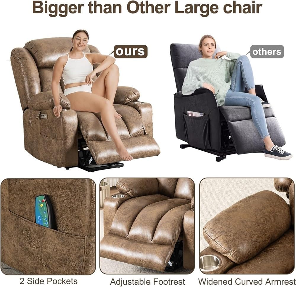 Power Lift Recliner Chair for Elderly, Breathable Leather Ergonomic Lounge Chair with Massage and Heat, Classic Single Sofa with Cup Holders Side Pockets for Home Theater