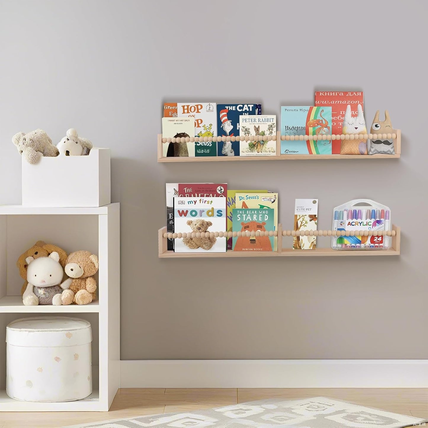 Nursery Book Shelves - Wall Mounted Set of 2, 32 inches Wooden Floating Bookshelves for Kids' Room and Study Room