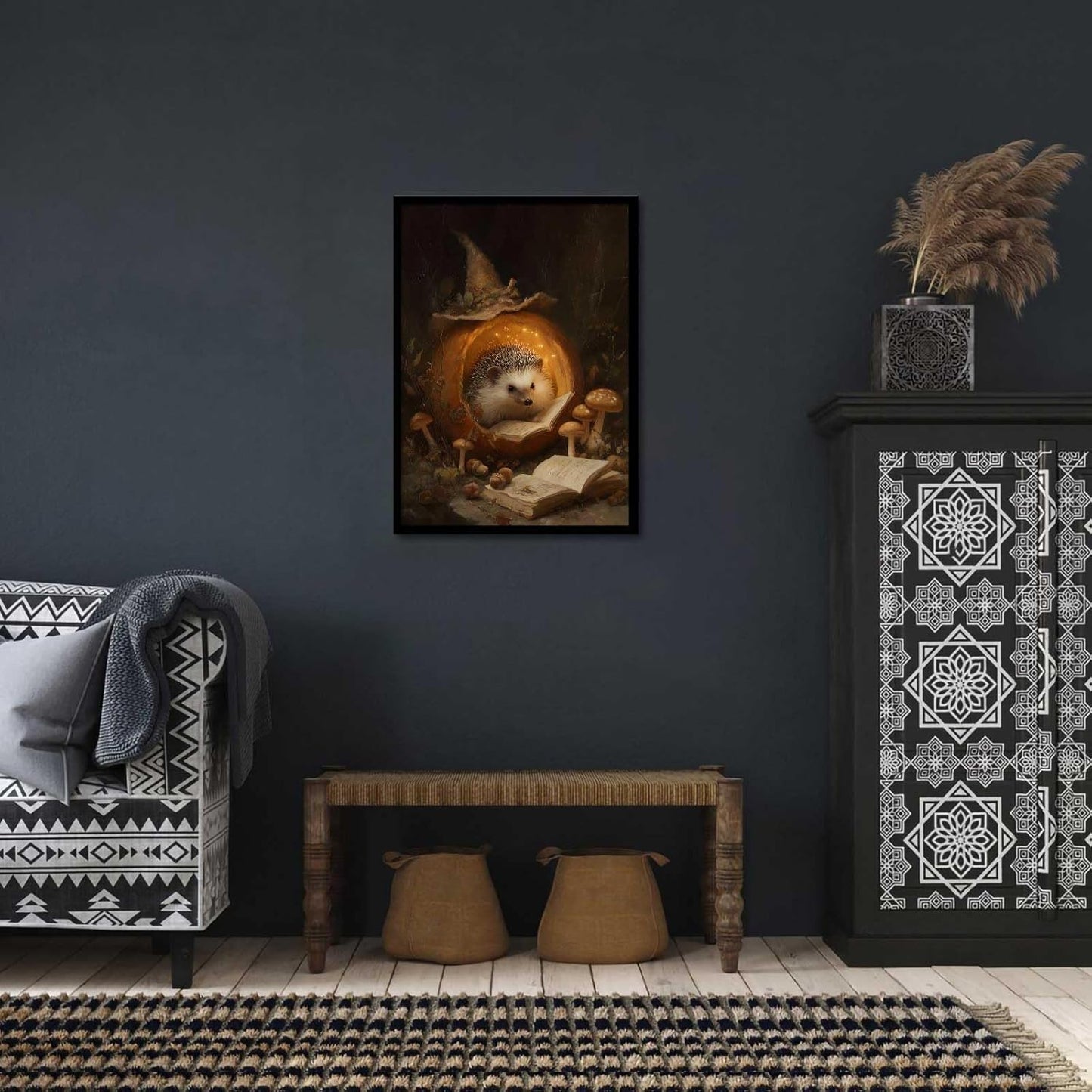 Hedgehog Reading Posters Halloween Forest Kid'S Canvas Wall Art Funny Animals Prints for Living Room Bedroom Home Wall Decor 12x16in Unframed