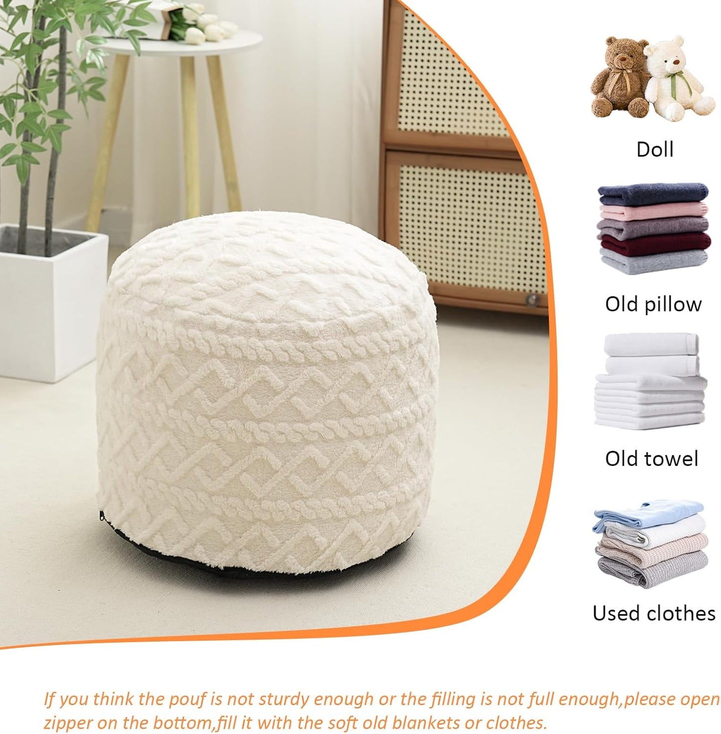 Beige Round Faux Fur Ottoman Pouf - 20x15 Inch Storage Foot Stool Cushion for Living Room & Bedroom Decor