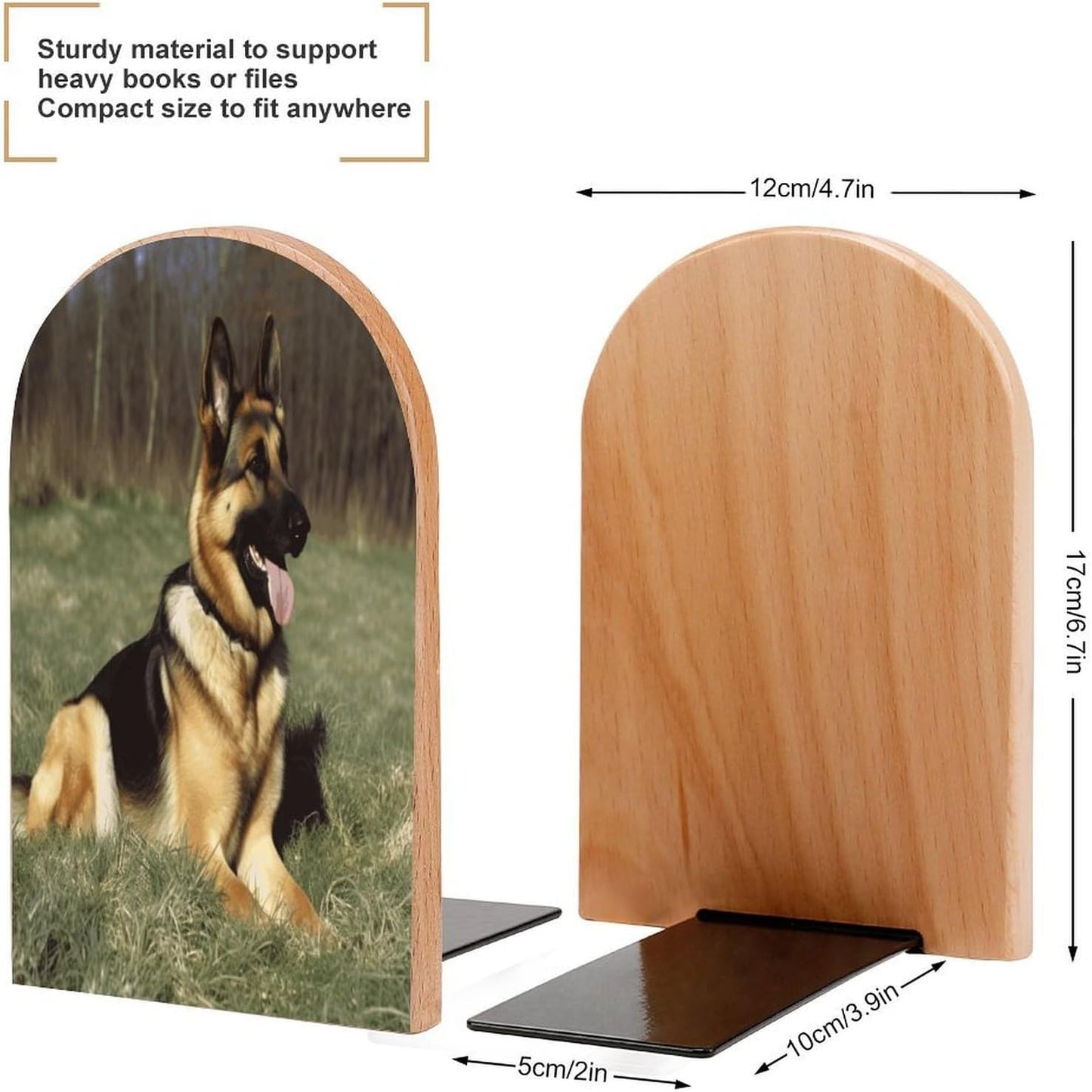 German Shepherd Dog Bookend for Shelves Wooden Book End Large Size Sturdy Book Holders Stoppers with Metal Base for Bookshelves Slick Decorative Bookends Stands