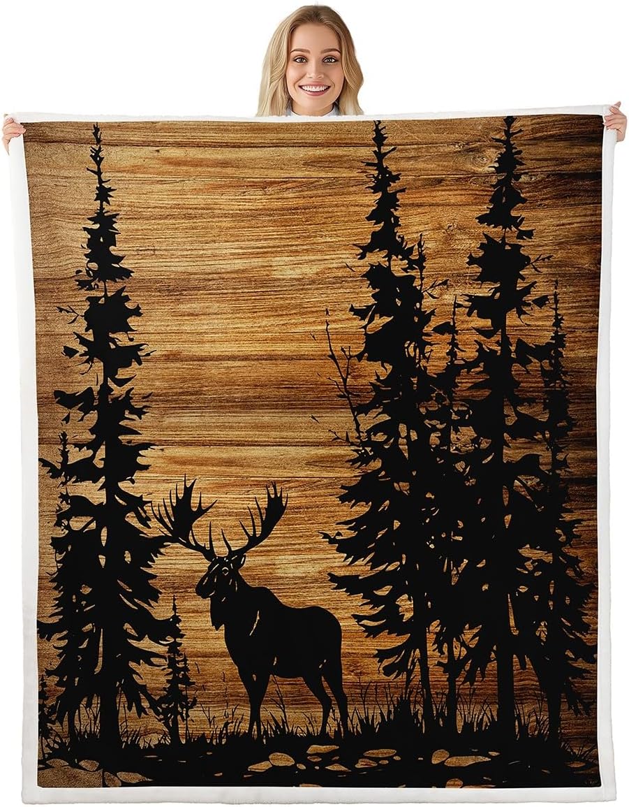 Feelyou Moose Fleece Throw Blanket Twin 60"x80" Rustic Cabin Country Fuzzy Blanket for Bed Sofa Couch Vintage Brown Wood Room Decorations