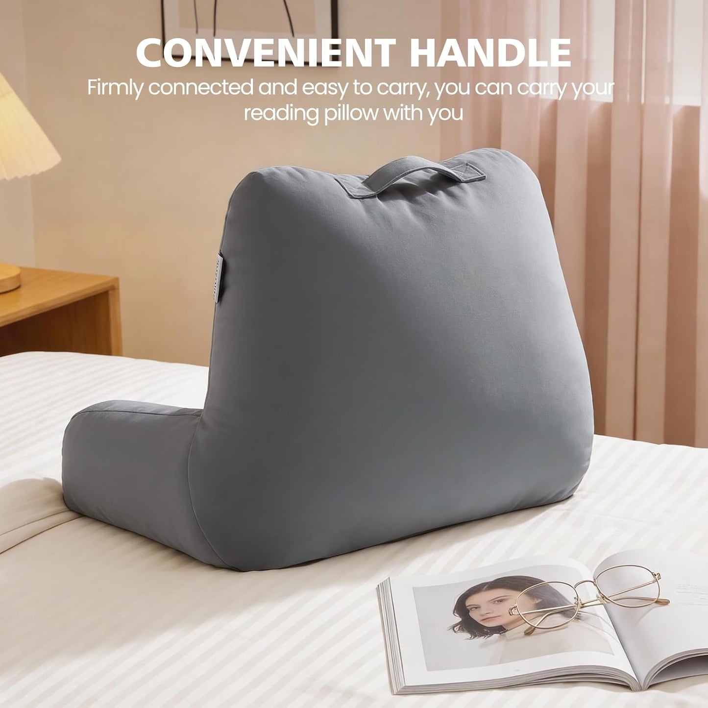 Reading Pillow with Adjustable Memory Foam,Adult Backrest with Arms, Back Pillow for Sitting in Bed with Washable Cover- Large, Gray