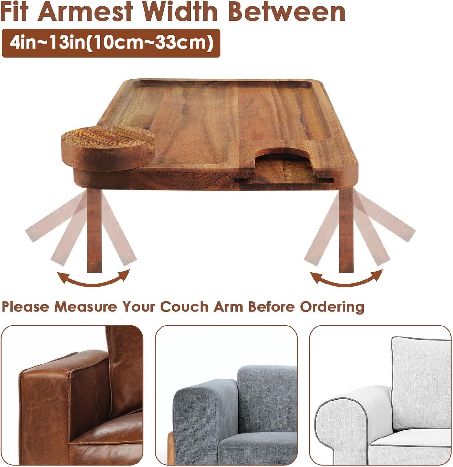 Comfoyar Couch Arm Tray, Acacia Wood Sofa Clip-On Couch Desk Tray with Wine Glass Holder, Foldable Armchair Table with Phone Holder, Food Desk for Drinks Snacks Eating Remote Control