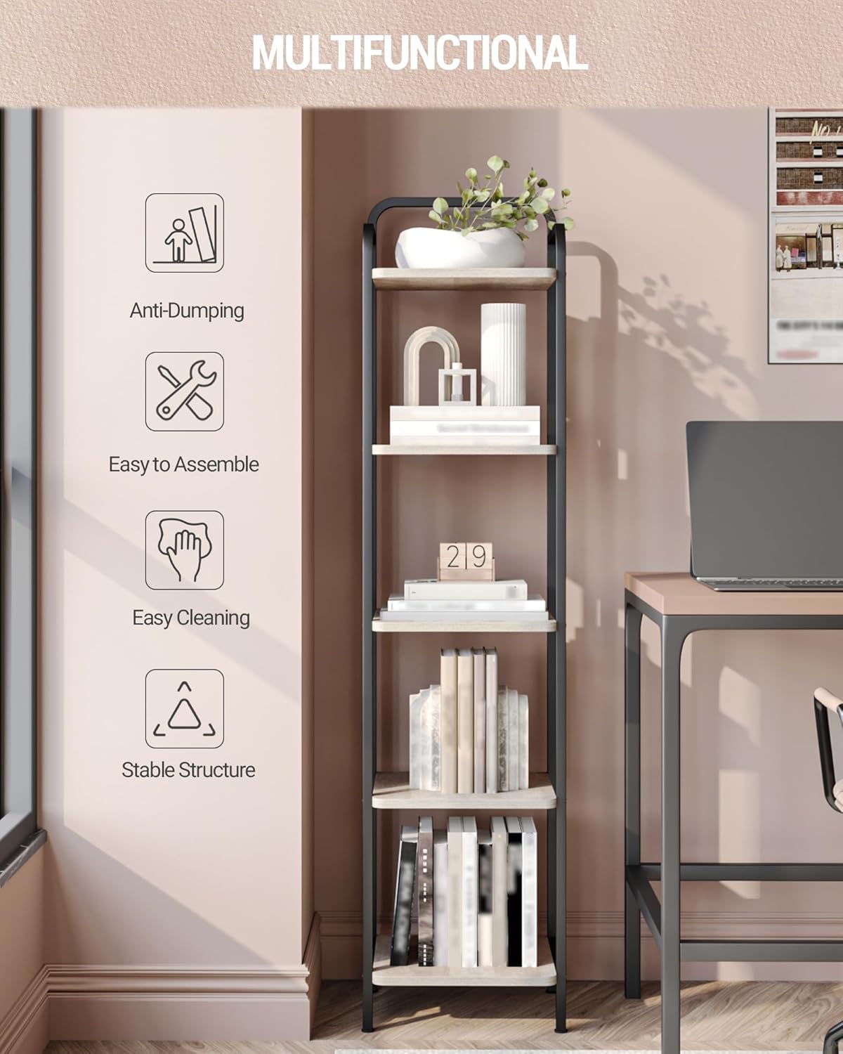 Bookcase Bookshelf, Narrow Book Shelf, Industrial Corner Shelf Storage Organizer, Slim Shelving Unit for Home Office, Living Room, Bedroom, Kitchen, 5-Tier Greige and Black BC24505B