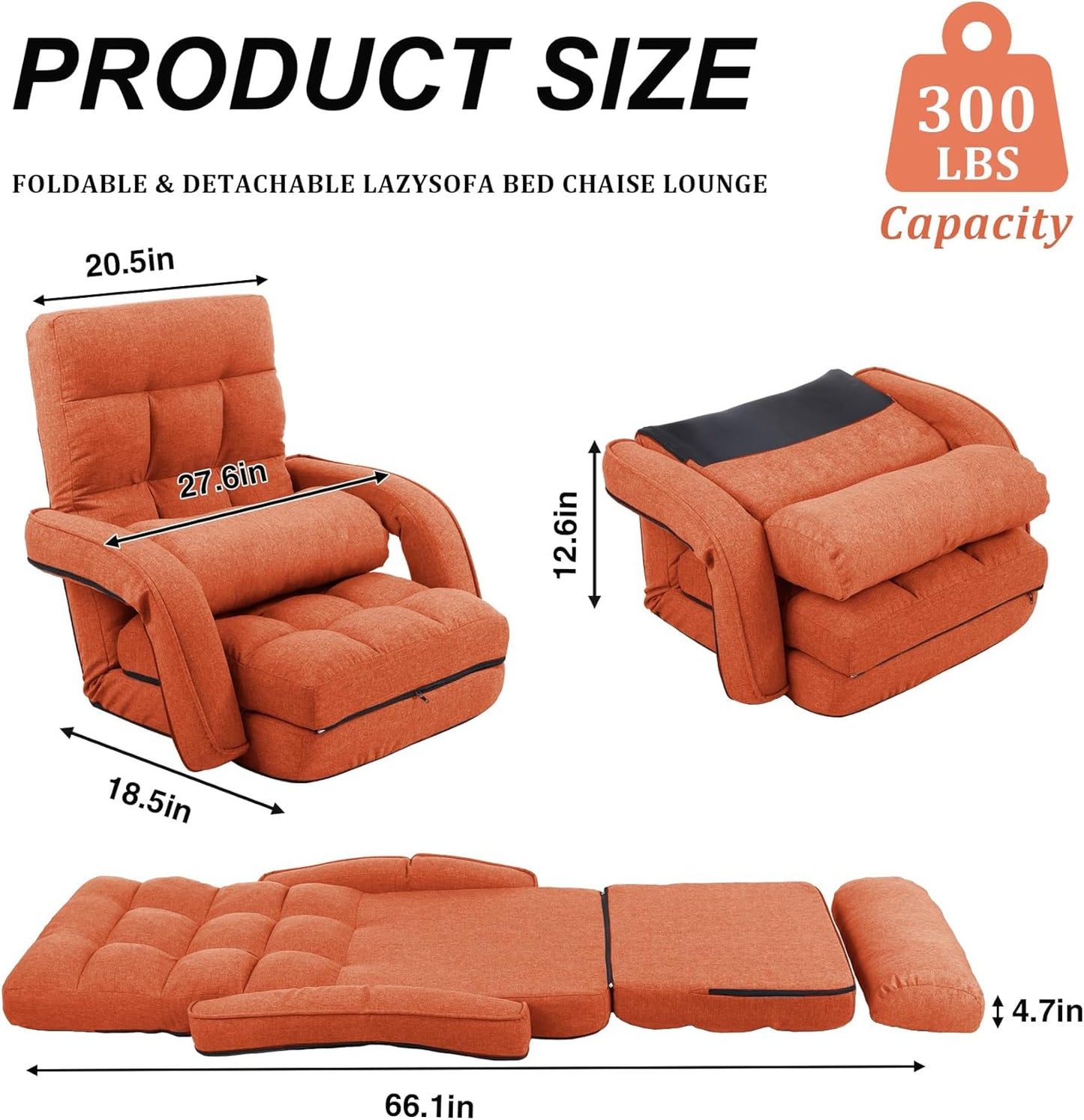 Adjustable Floor Chair for Adults with Back Suppor,5-Position Folding Lazy Sofa with Pillow, Gaming & Meditation Chair with Breathable Fabric - for Living Room, Bedroom, Office,Balcony (Orange)