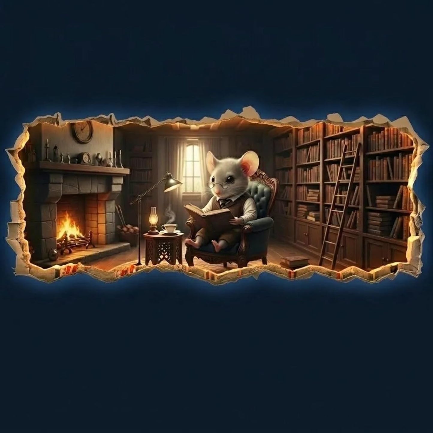 Cozy Mouse Reading Wall Decal, 3D Broken Wall Effect Vinyl Sticker, 6 Inch