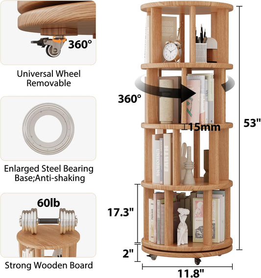Mobile Rotating Bookshelf with Wheels - Solid Wood 360 ° Rotating Bookcase 4 Tier Revolving Bookshelf Spinning Bookcase Tower Corner Shelf for Small Space