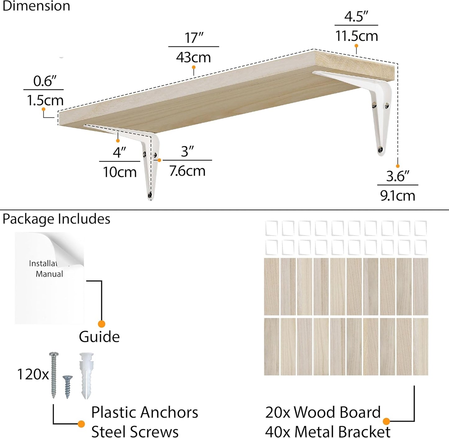 Wallniture Arras 17"x4.5" Floating Shelves for Wall, Shelf for Garage Storage, Wall Bookshelf, Pantry & Kitchen Shelving, Living Room Shelves, Natural Wood, Set of 20