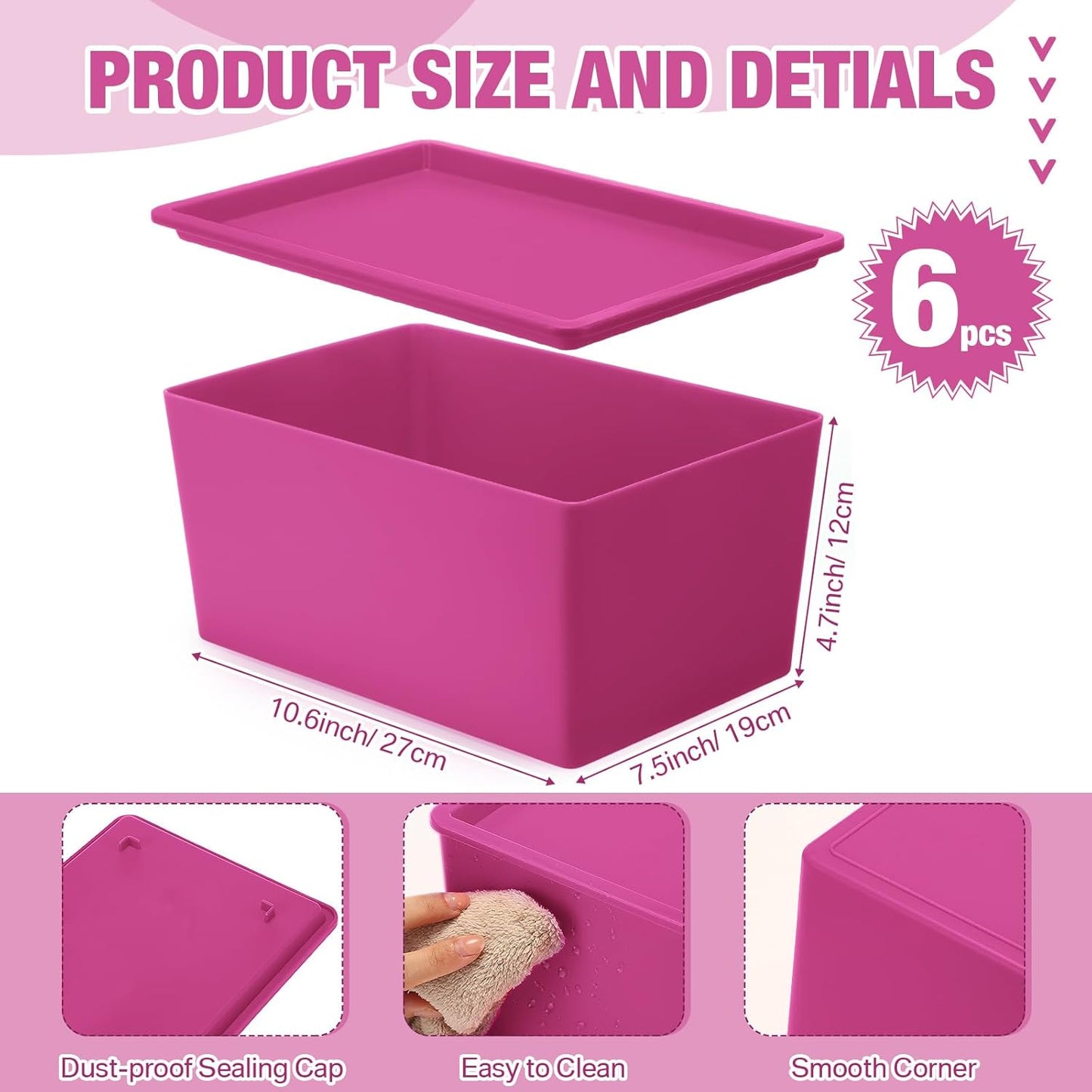 Menkxi 6 Pcs Storage Bins with Lids Small Plastic Storage Containers Stackable Storing Baskets Box Cute Organizer Bins for Organizing Shelves (Pink Series)