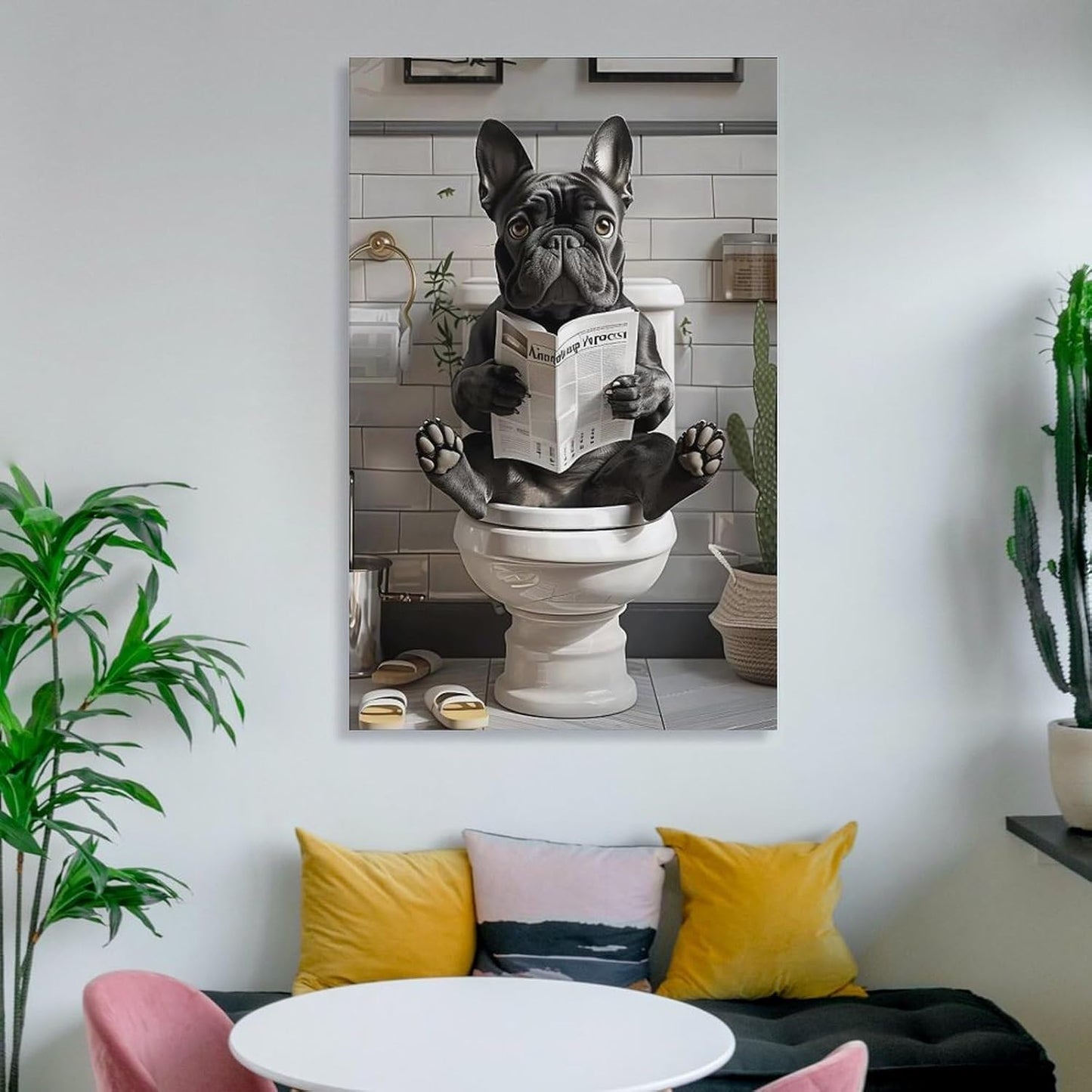 JHXNJDPOST Humorous French Bulldog Poster on Toilet Reading Newspaper Canvas Wall Art Aesthetic Decorative Painting Living Room Restaurants, Pool Halls And Hotelsstyle-13 12x18inch(30x45cm)