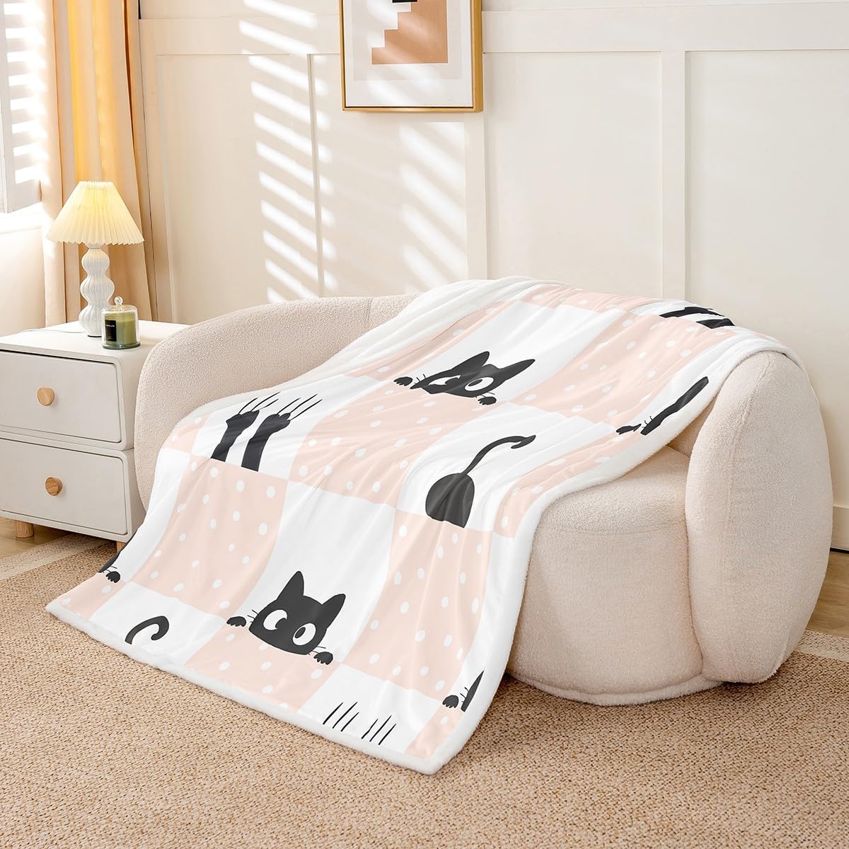 Black Cute Cat Throw Blanket,Pink Geometric Grid Blankets for Kids Girls Boys Teens Room Decor Cartoon Pet Animals Fleece Blanket Soft Boho Dots Fuzzy Blanket,for Chair/Sofa,50"x60"