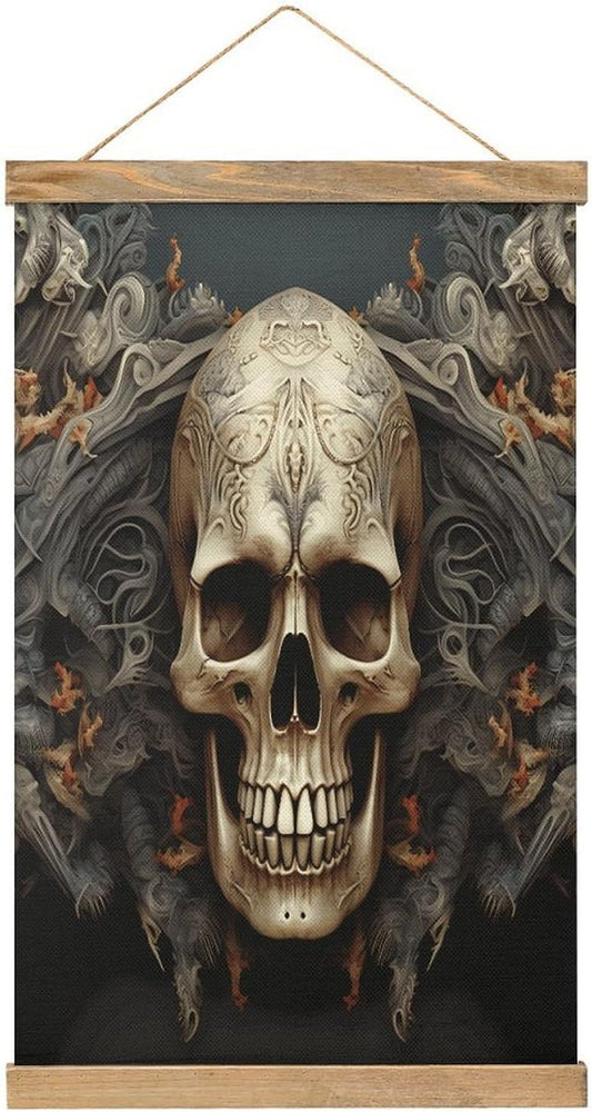Vintage Skulls Poster with Wooden Frame Personalized Linen Hanging Scroll Painting Rustic Wall Hanging Illustrative Modern Artwork Decor for Home Living Room Bedroom Office