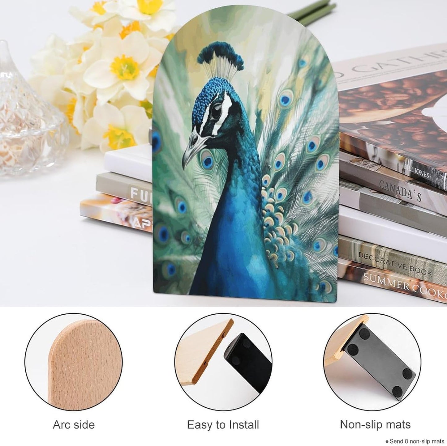 Cute Peacock Bookend for Shelves Wooden Book End Large Size Sturdy Book Holders Stoppers with Metal Base for Bookshelves Slick Decorative Bookends Stands
