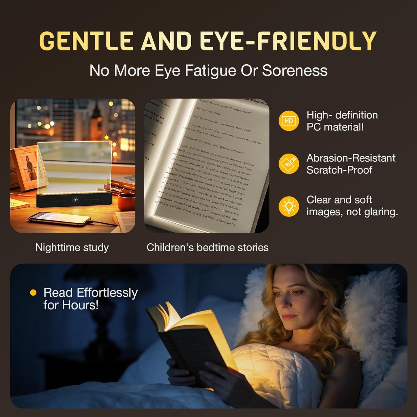 Book Light, Rechargeable Led Reading Light for Book, Clear LED Flat Book Lights for Reading in Bed at Night with 3 Colors & Timer, Dimmable Panel Plate Book Lamp, Bookish Gifts for Readers Kids