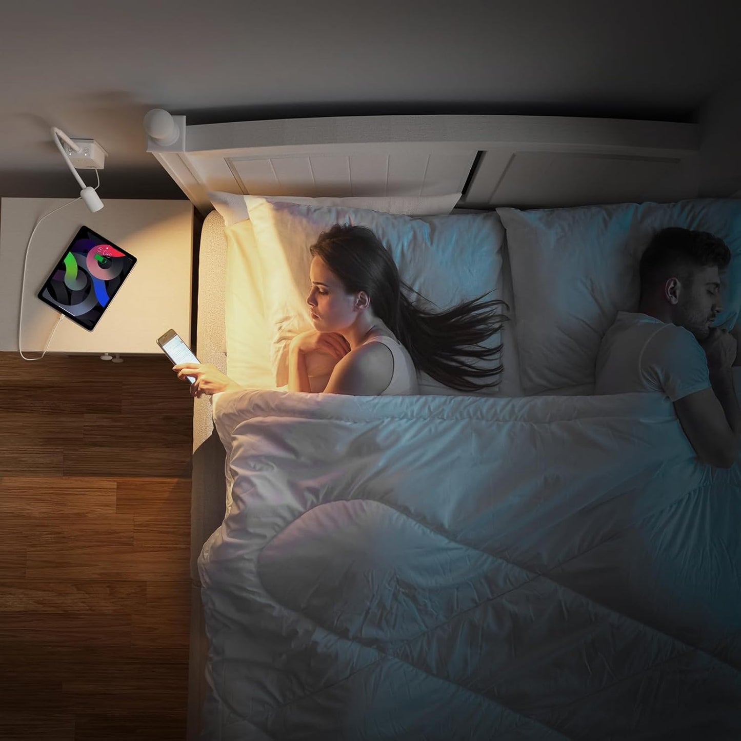 Plug in LED Book Reading Spot Light, White Dimmable Wall Sconce Lamp with Power Plug and Outlet Extender for Kitchen Bedroom Living Room, 3 Lighting Colors, USB Output Charging Ports