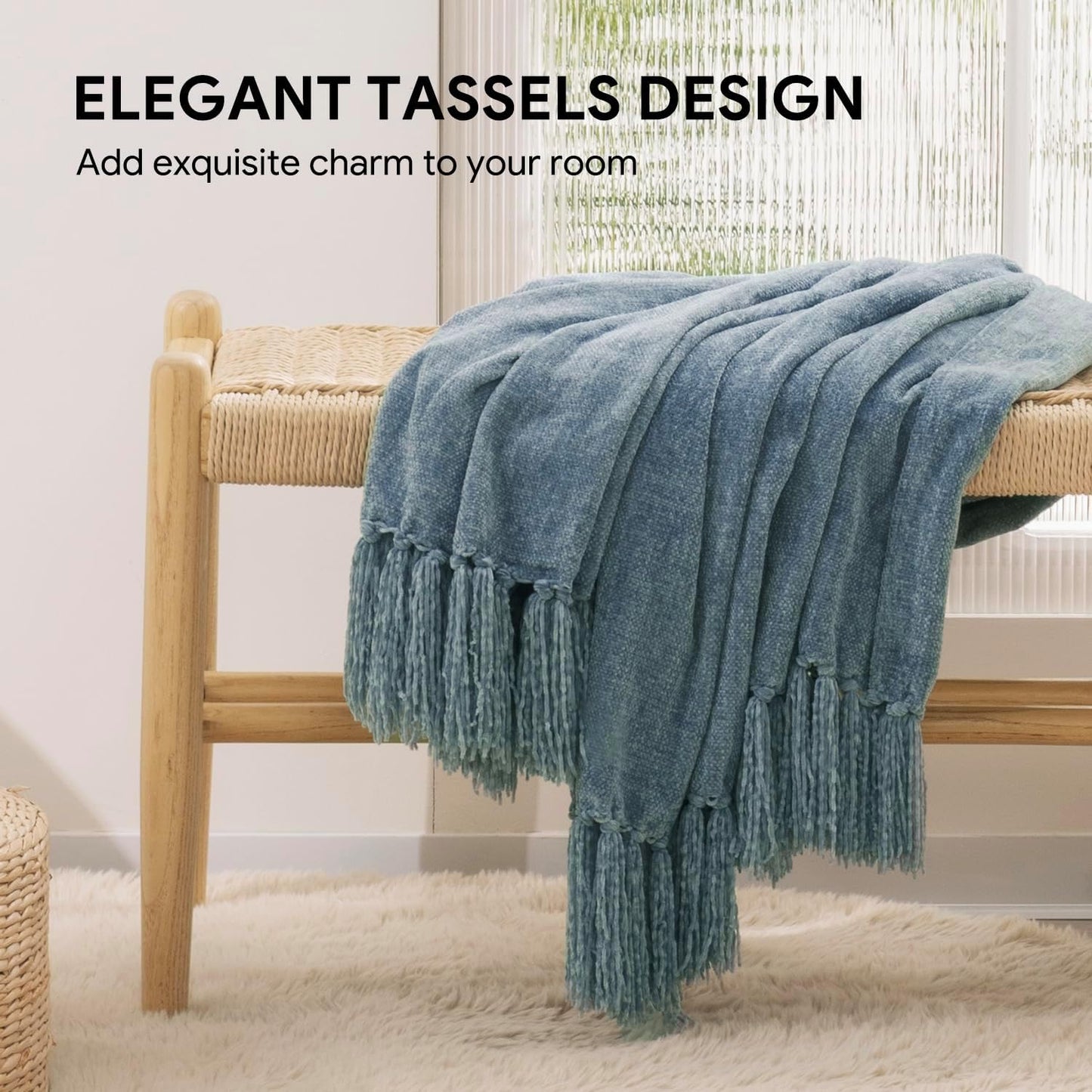 RECYCO Throw Blanket Soft Cozy Chenille Throw Blanket with Fringe Tassel for Couch Sofa Chair Bed Living Room Gift (Dusty Blue, 60'' x 80'')