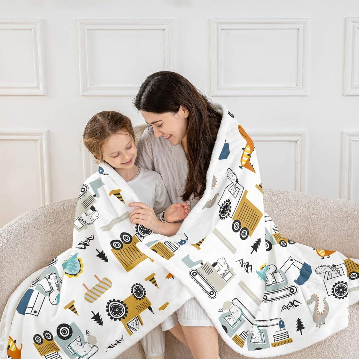 Construction Sherpa Twin 60"x80" Equipment Trucks Fleece Throw Blanket for Kids Boys Girls Decor Dinosaur Plush Blanket 3D Digital Print Yellow Fuzzy Bedroom