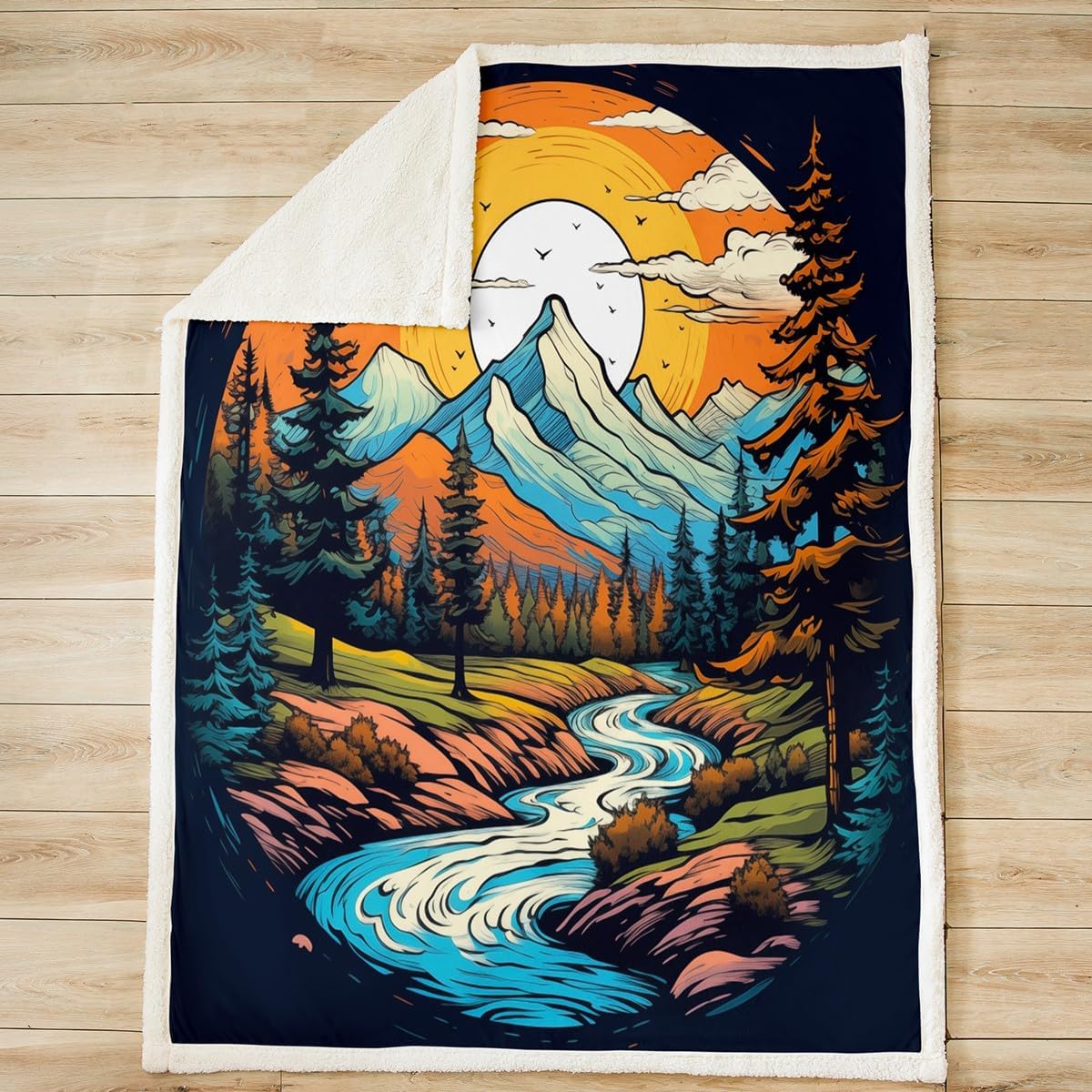 Feelyou Boys Girls Mountain Sunset Plush Blanket for Bed Sofa Couch Oil Painting Sherpa Blanket Nature Theme Fleece Throw Blanket Kids Vintage Style Teens Fuzzy Blanket Room Decor Twin 60"x80"
