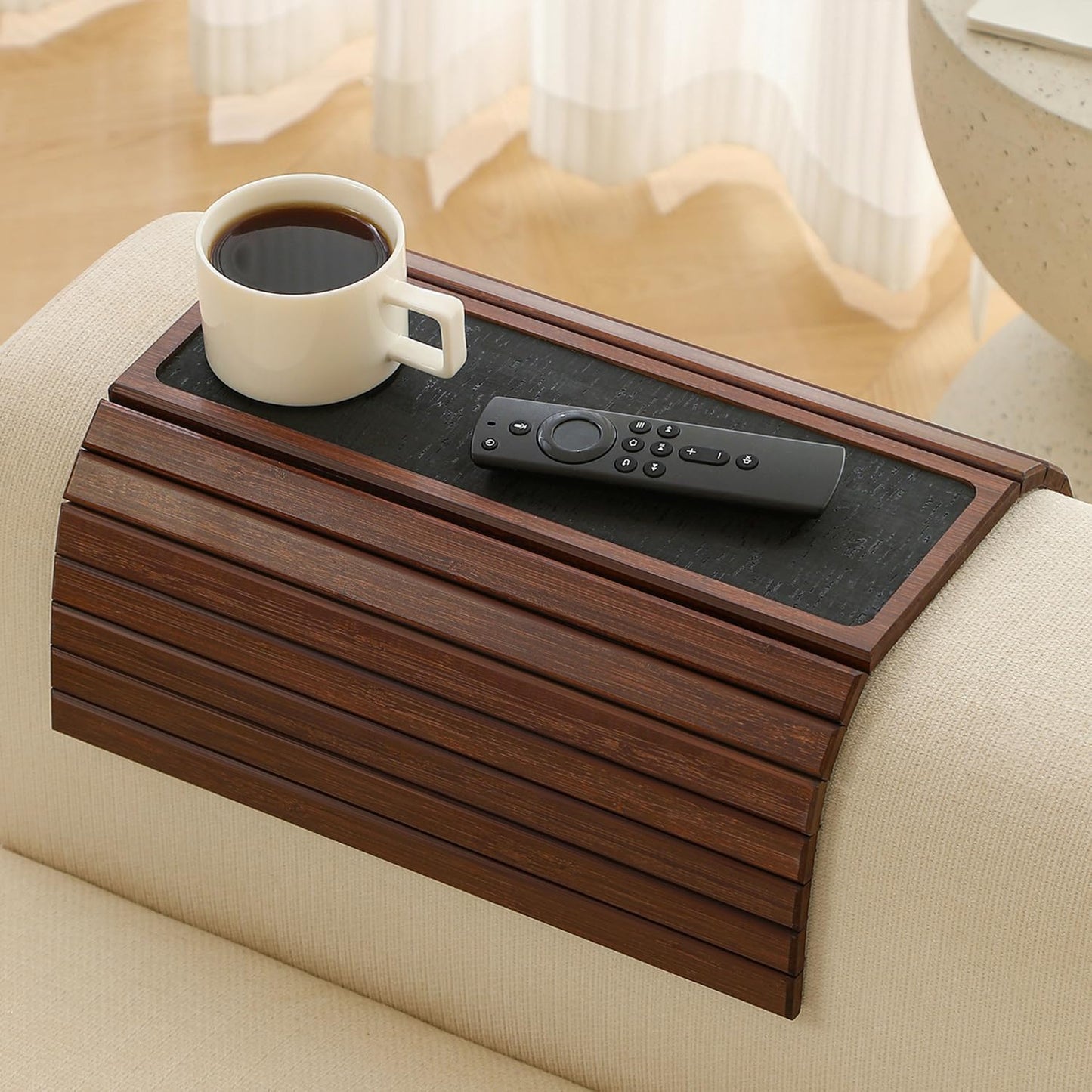 Bamboo Couch Arm Tray Table with Anti-Slip Cork Pad，Foldable Sofa Armrest Tray Table for Couch，Flexible Couch Arm Cup Holder，Portable Sofa Arm Chair Table for Drink, Snacks, Phone, Remote (Brown)