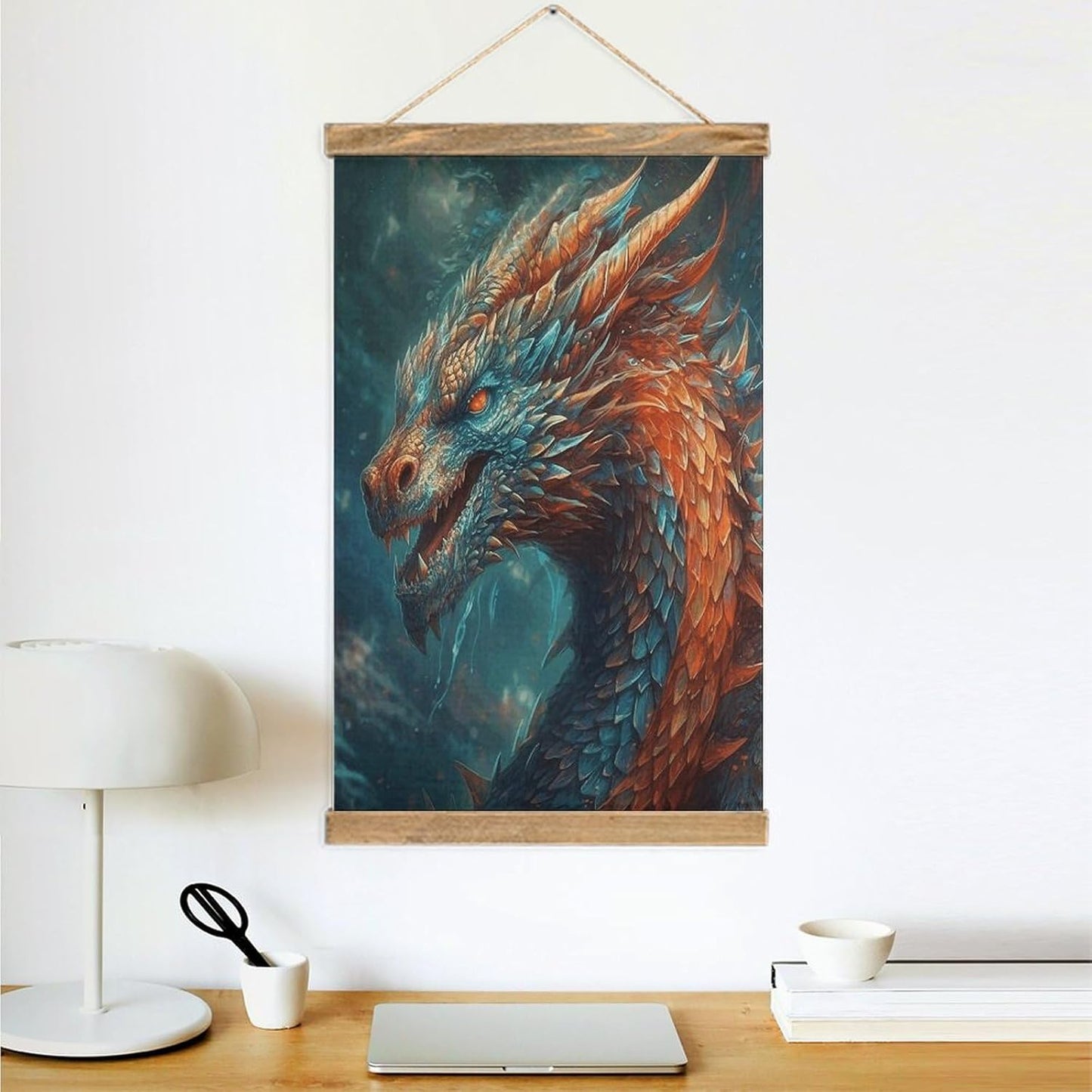 Vintage Dragon Art Poster with Wooden Frame Personalized Linen Hanging Scroll Painting Rustic Wall Hanging Illustrative Modern Artwork Decor for Home Living Room Bedroom Office