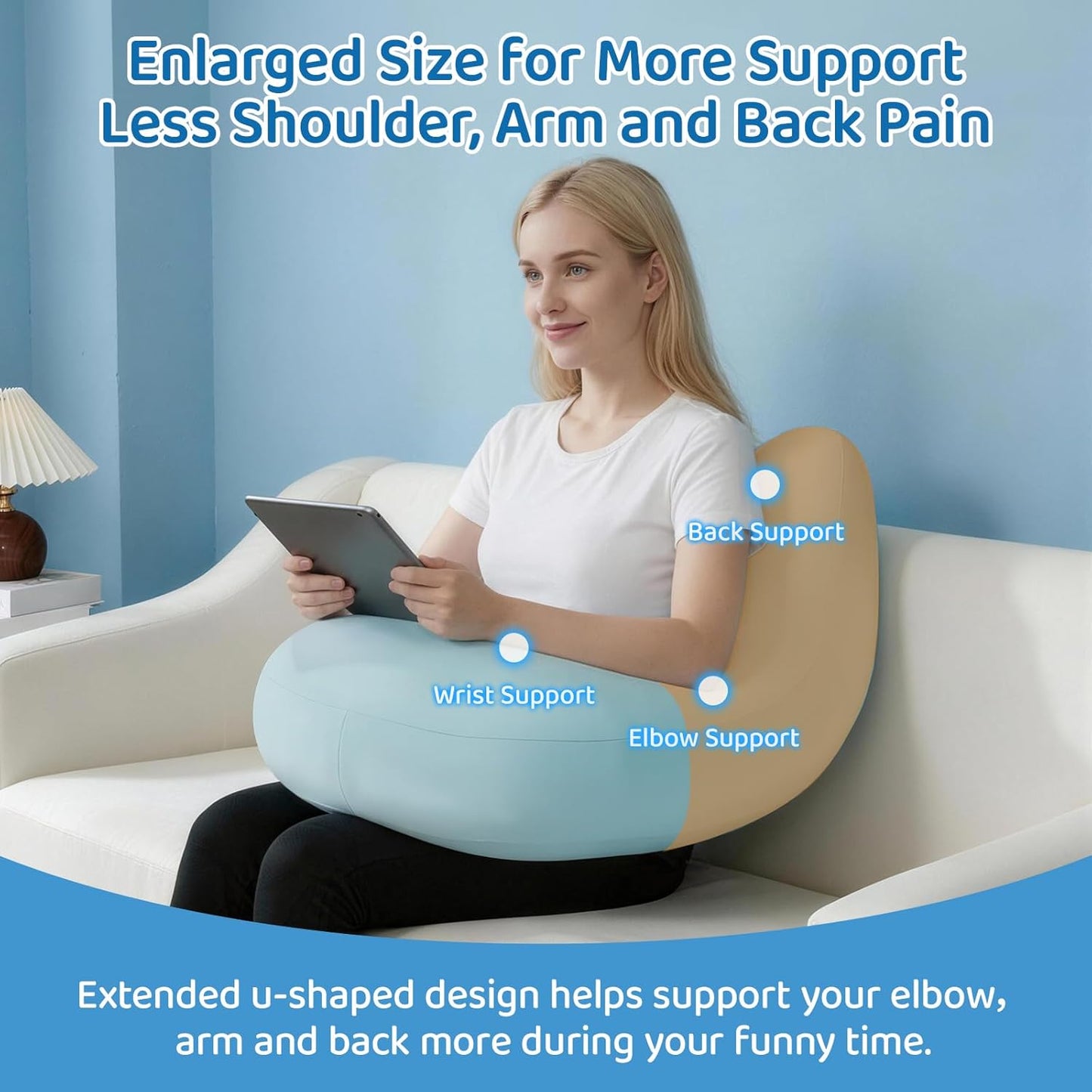 Crochet Pillow for Lap Support - Reading Pillow for Laptop with Extra Back Pillow for Support, Enlarged Gaming Pillow for Lap, Multi-Purpose Reading Pillow for Gaming/Working/Crocheting, Cooling Blue