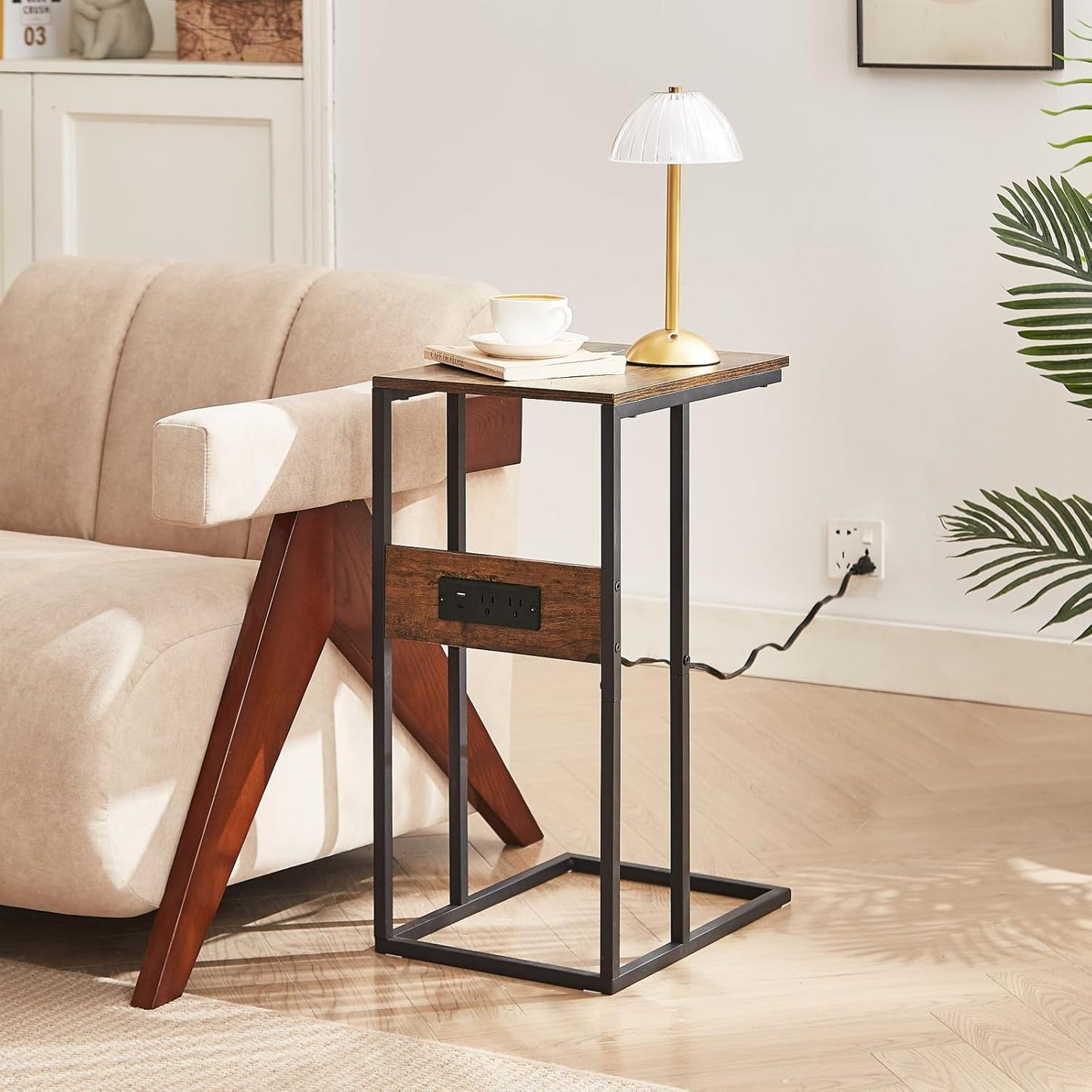 BUDOME C Shaped Side Table with Charging Station, End Table with Outlets, Sofa Table with USB C Ports, C Table with Premium Surface and Metal Frame for Living Room